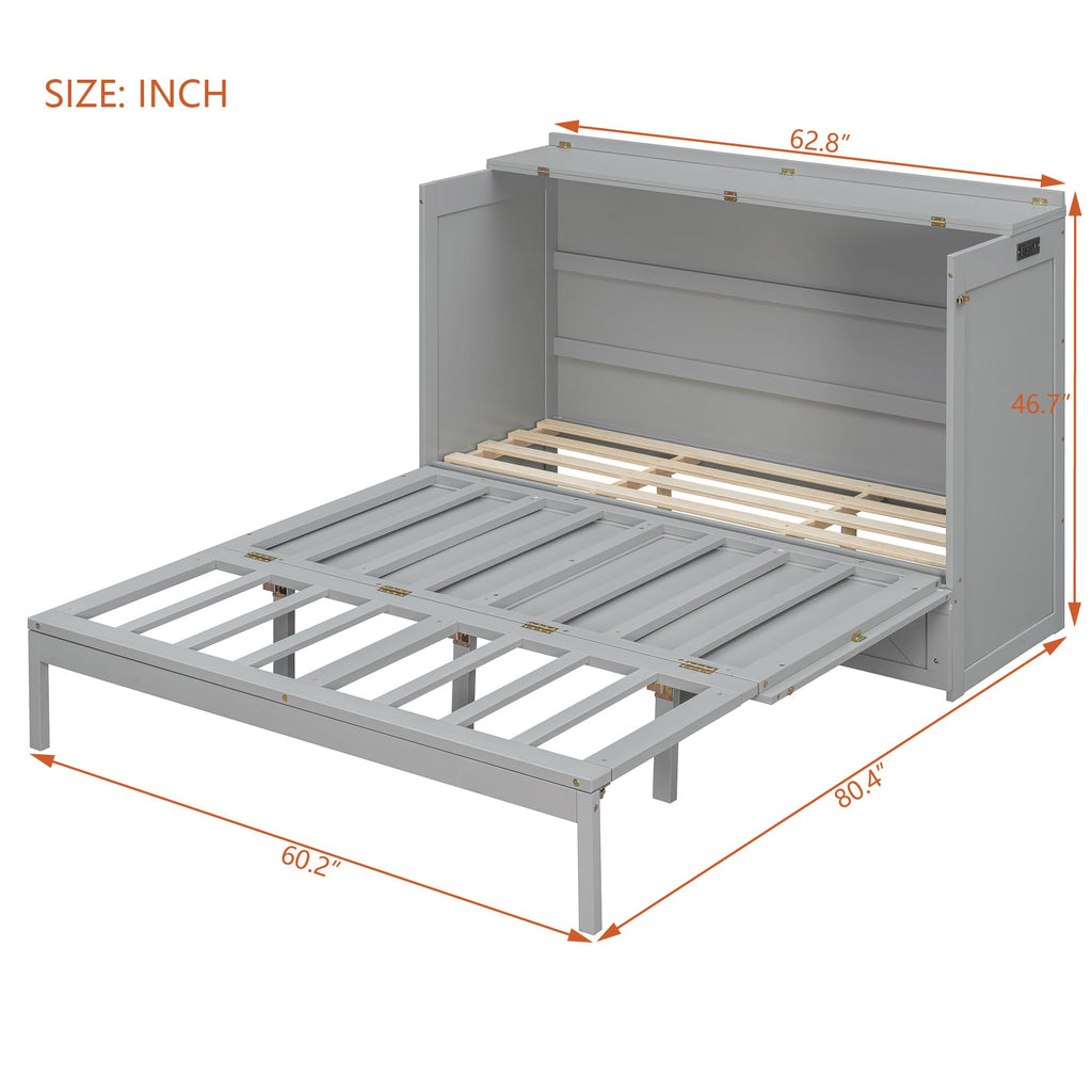 Merax Queen Size Murphy Cabinet Bed with Storage Drawers, Wall Murphy Bed with a Set of Sockets & USB Ports, Folding Platform Bed for Small Room
