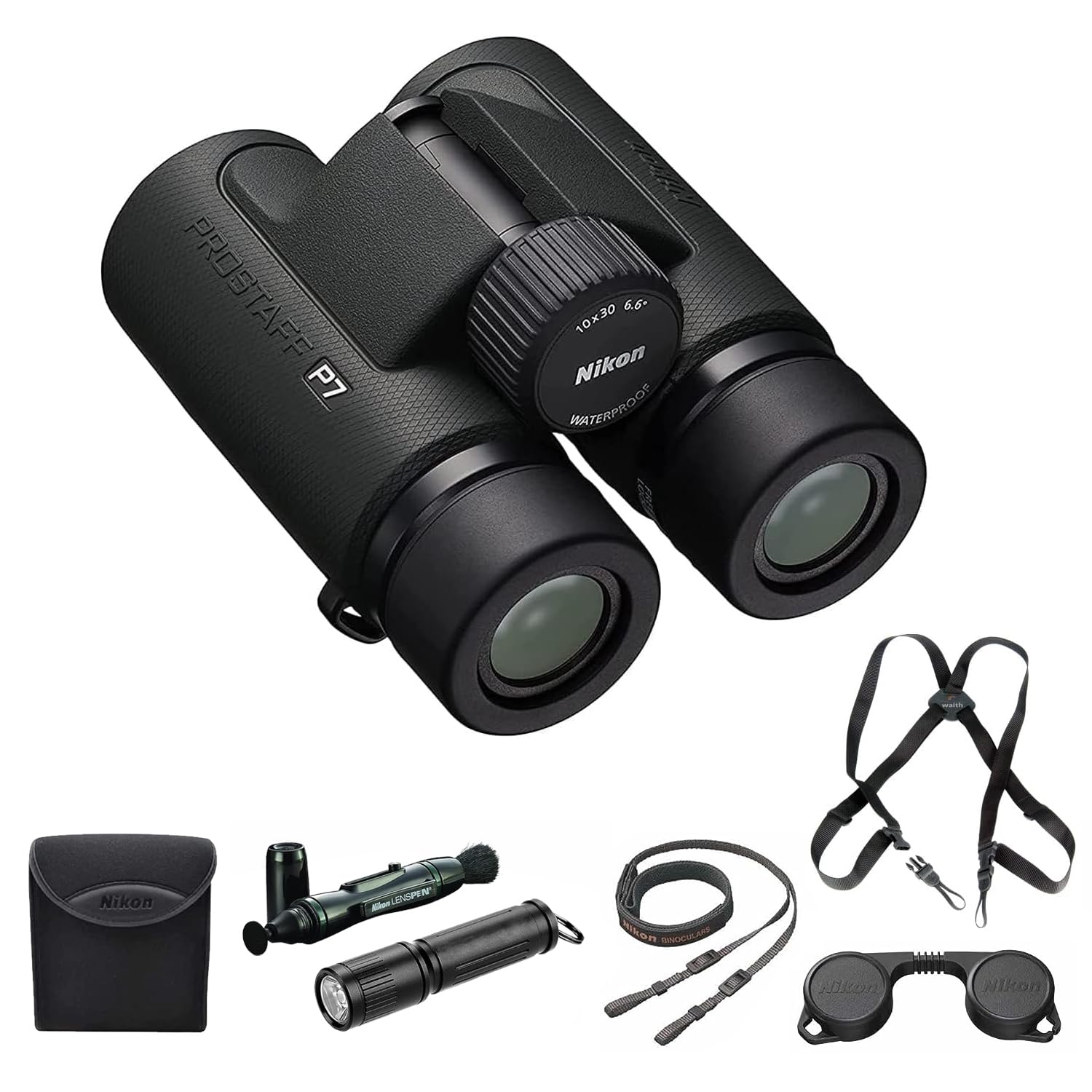 Nikon PROSTAFF P7 10x30 Waterproof Binocular for Adults | Small & Compact Travel Binoculars for Bird Watching | Binocular Harness Strap, Lens Pen Cleaning System, & Flashlight Bundle Set