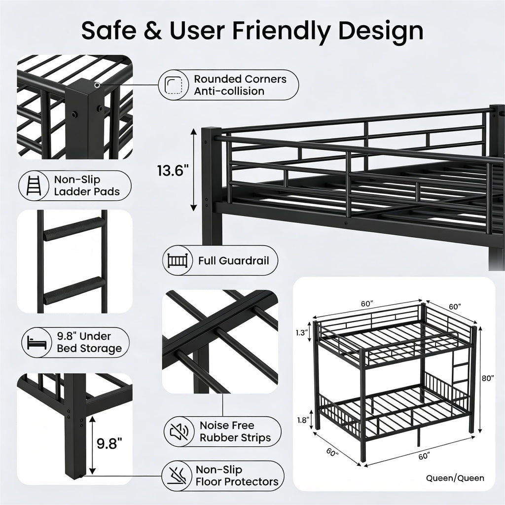 Feetice Queen Over Queen Bunk Bed, Heavy Duty Metal Bunk Bed for Adults & Teens, 400/600lbs Capacity, Full-Length Top Guardrails, Anti-Slip Ladder, 9.8" Underbed, No Box Spring Needed