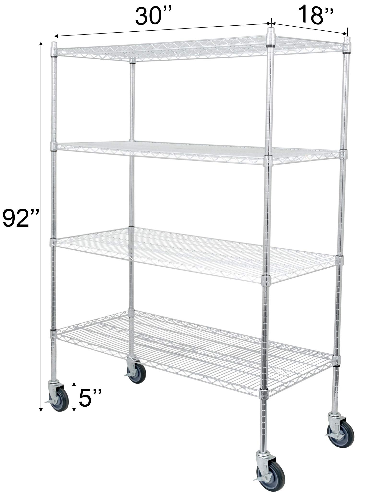 Regal Altair 18" Deep x 30" Wide x 92" High 4 Tier Chrome Wire Shelving Kit with 5" Wheels | NSF Commercial Storage Rack Unit