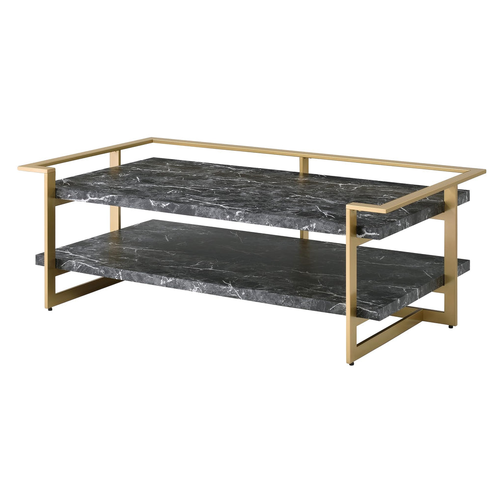 24/7 Shop at Home Daphne Modern Metal Faux Marble Top 2-Piece Coffee Table Set with Open Shelves for Living Room, Bedroom, Home Office, Gold and Black