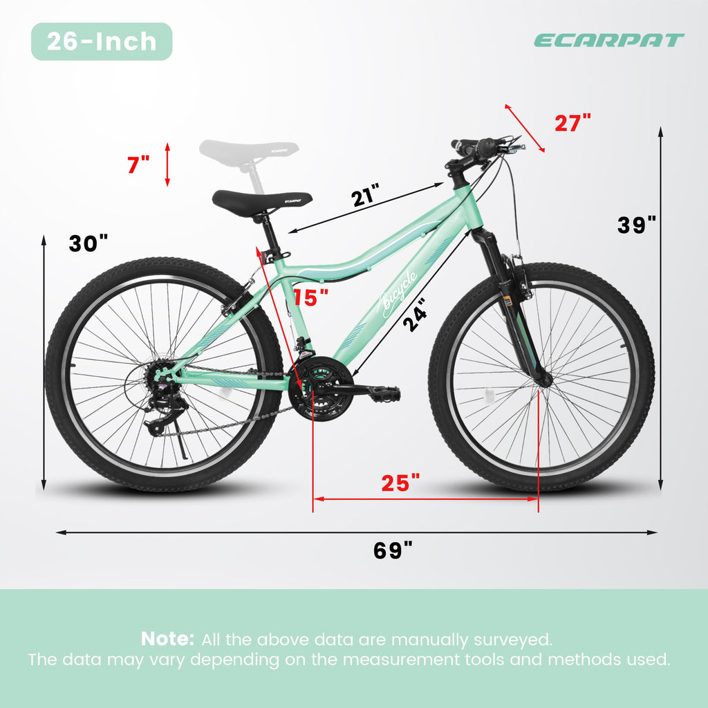 HIWORK Mountain Bike 26 Inch, High Density Carbon Steel Frame Girls Bike with 21-Speed Front Suspension Dual V-Brakes, Bike for Teenagers Girls Womens Bicycle | Light Green