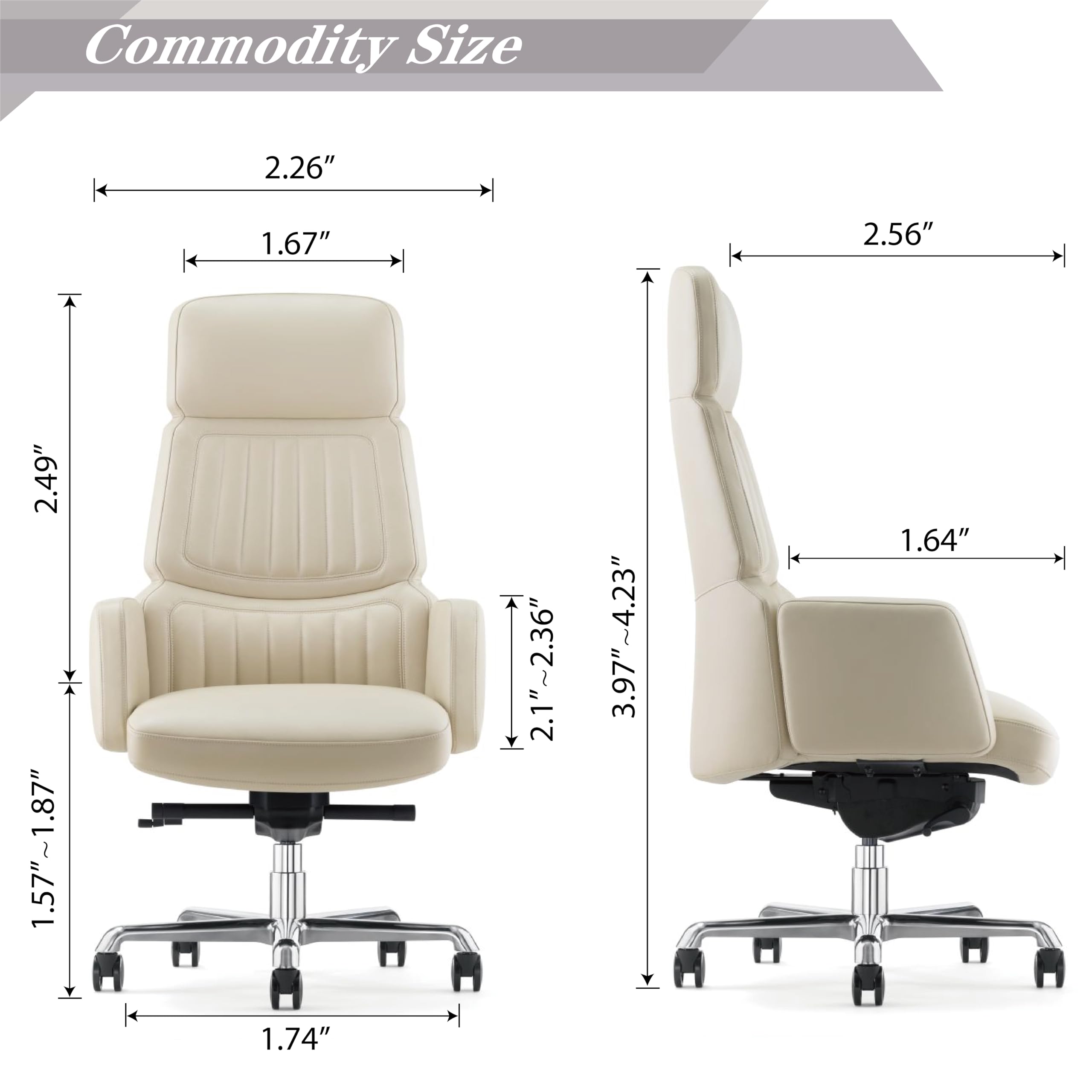 FURIJING Genuine Leather Office Desk Chair with High Back Aluminum Swivel Base Ergonomic Synchro-Tilt Reclining Mechanism Real Leather Executive Chair-Light Beige