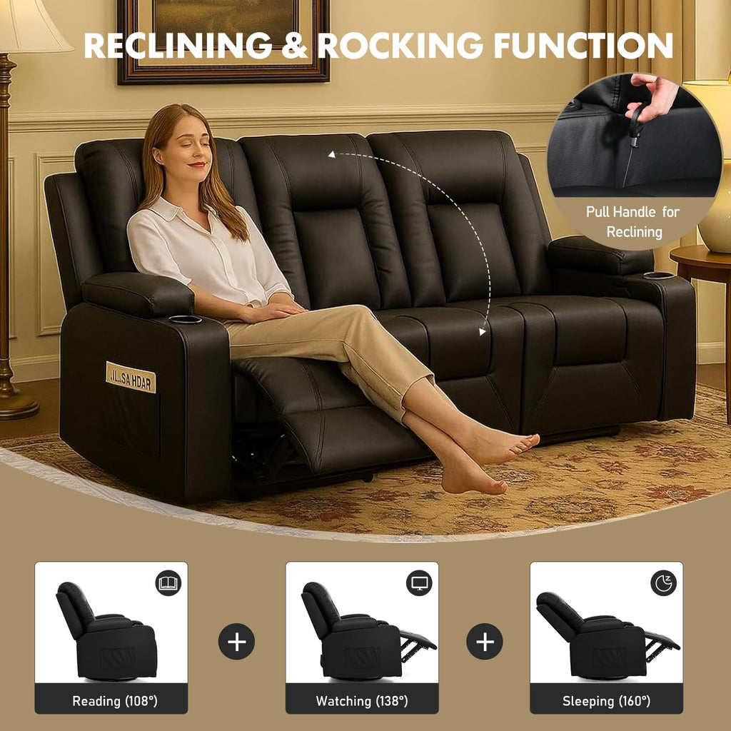 LUCKLIFE Leather Recliner Sofa Set with Manual Recliners,Living Room Furniture Set with Reclining Couch,Loveseat and Armchair,Living Room Chair with Cup Holders,Black (3)