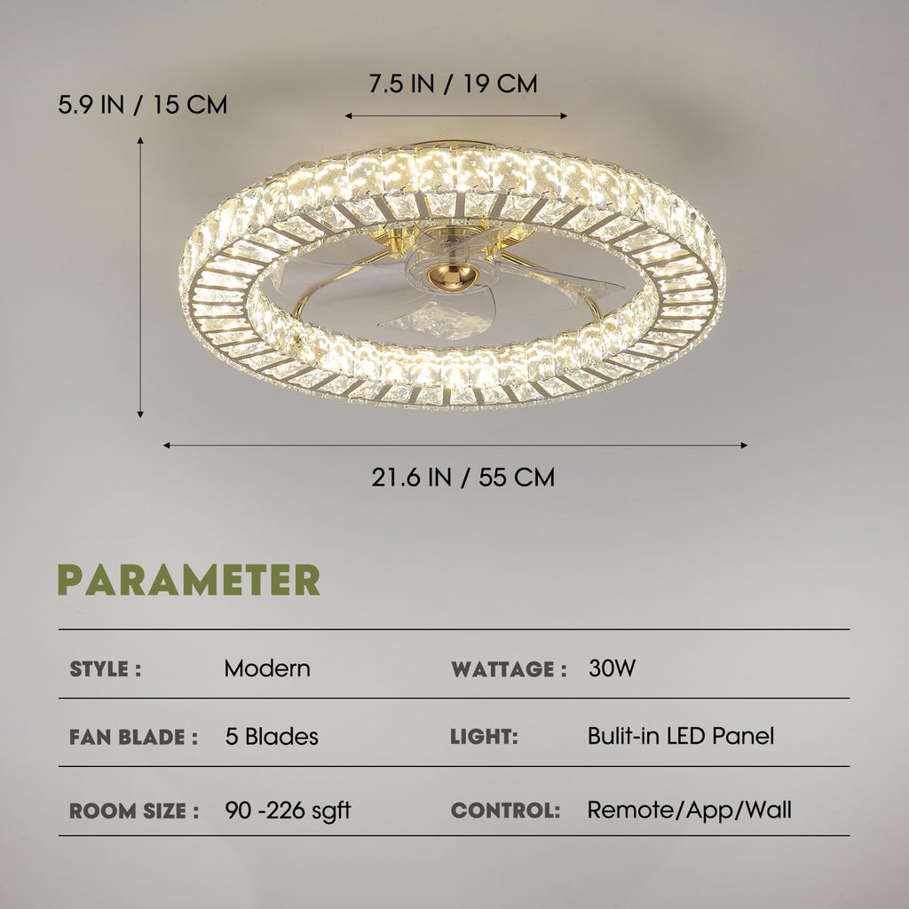 LUDOMIDE Flush Mount Ceiling Fan with Light, 22" Modern Crystal Chandelier Ceiling Fan with Smart 4-Light Color Change, Luxury LED Ceiling Fan, Low Profile Ceiling Fan for Bedroom (Gold)