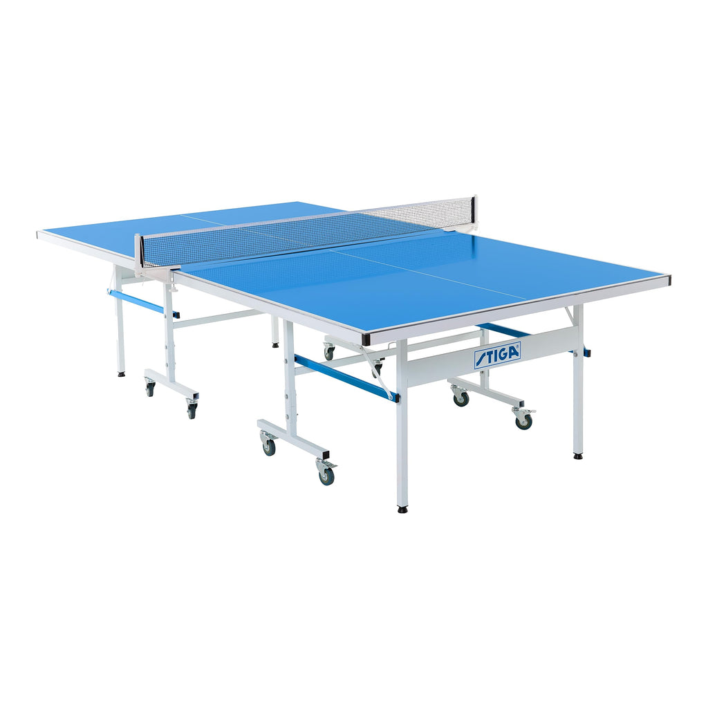 STIGA Outdoor Table Tennis Table – All-Weather Waterproof Aluminum Ping Pong Table with Net & Post, QuickPlay Assembly, 108" L x 60" W x 30" H, White-Blue