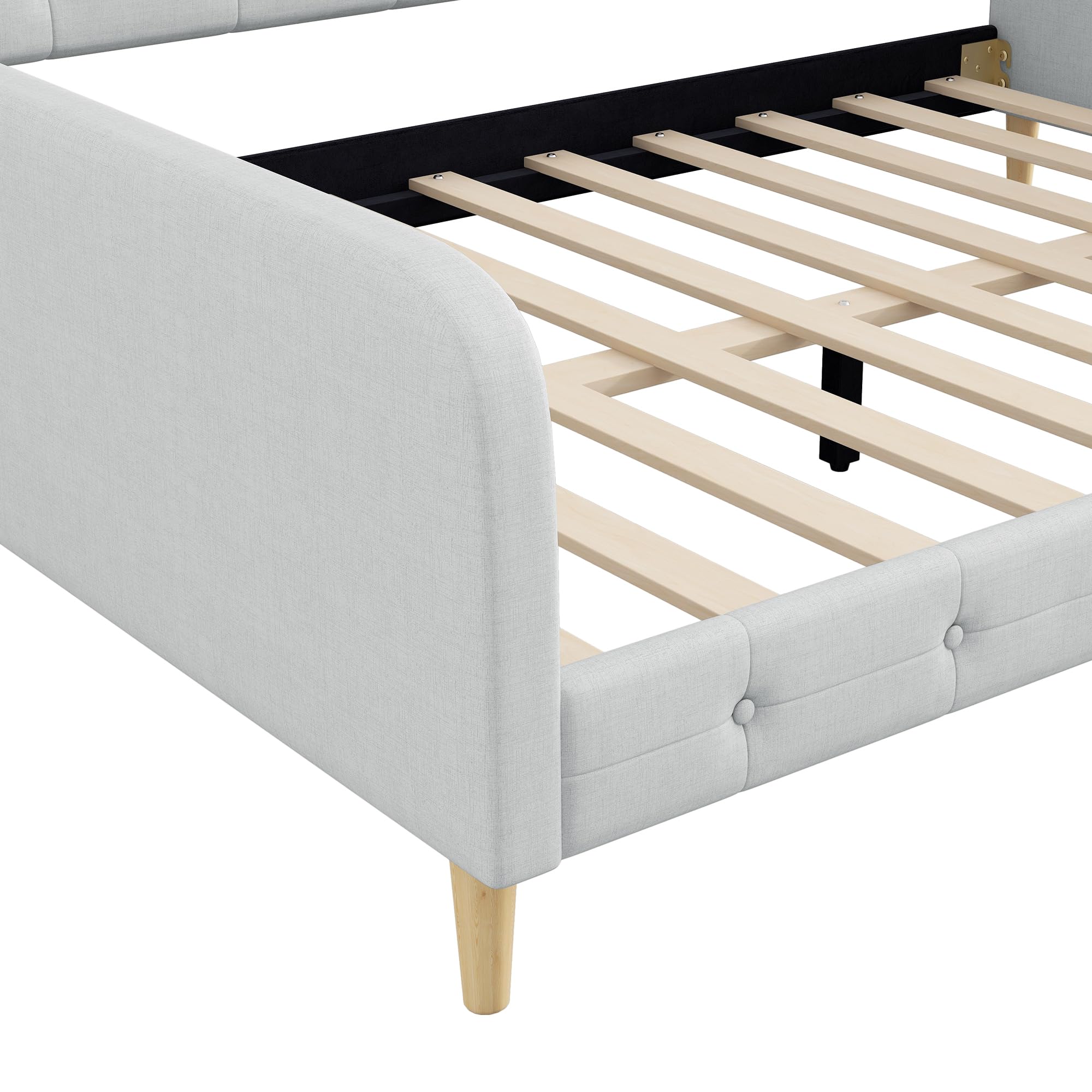 GDFStudio Queen Size Upholstered Daybed with Linen, Solid Pine Wood + MDF Frame, Foam-Filled Backrest, 4 Support Legs, No Box Spring Needed, Sturdy Queen Sofa Bed for Living Room or Guest Room, Beige