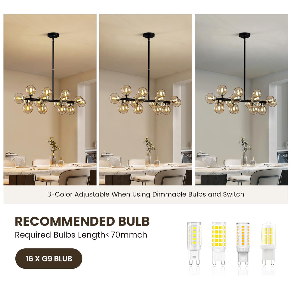 APBEAMLighting Mid Century Modern Chandeliers for Dining Room, 39" Linear Pendant Light Fixtures with Amber Glass Globe, 16-Light Sputnik Hanging Light for Living Room Kitchen Island