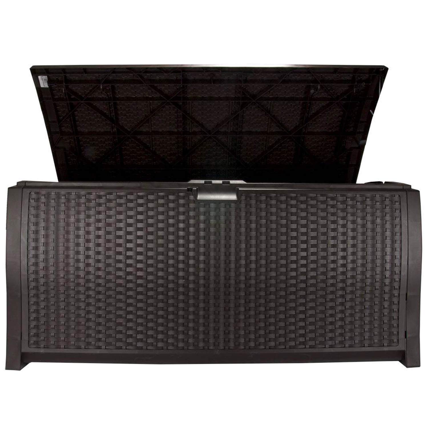 Suncast 99 Gallon Plastic Wicker Deck Box Container Storage for Garden, Garage, Home, Pool, Indoor and Outdoor Use, Mocha (2 Pack)