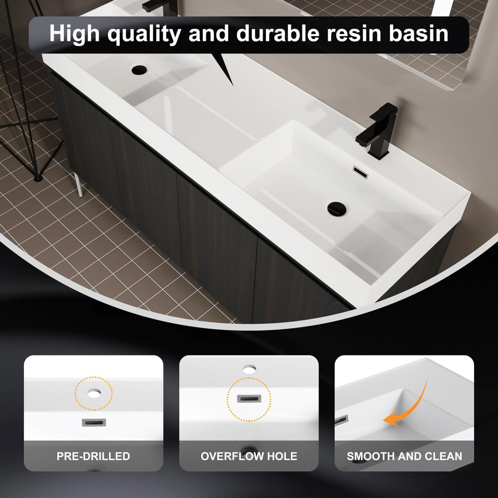 KEIKI 60" Freestanding Bathroom Vanity with Resin Double Sink, Modern Bathroom Storage Cabinet with Soft Closing Doors & Solid Metal Legs, 60 inches Double Sink Bathroom Vanity with 45° Bevel Handle