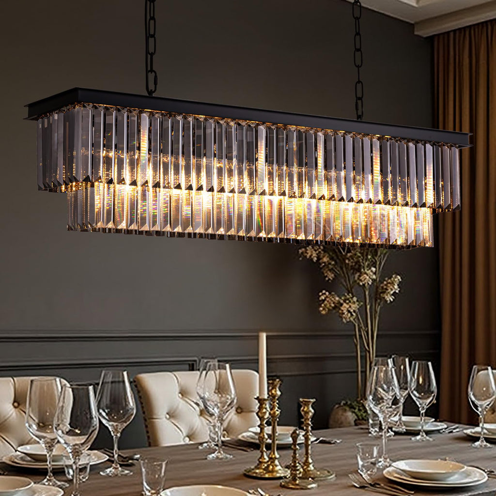 Tinkoso 39-inch Rectangle Crystal Chandeliers for Dining Room,Hanging Ceiling Light for Kitchen Island,Smoky Gray K9 Crystal Pendant Lighting,59-inch Adjustable Wire,Matte Black Finish
