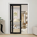 JUBEST 48" x 80" Mirror Closet Door, Preassembled One Side Mirror Door with Hardware Kit & Matching Fascia, Solid Wood Frame with Water-Proof PVC Surface, Easy to Install, Black