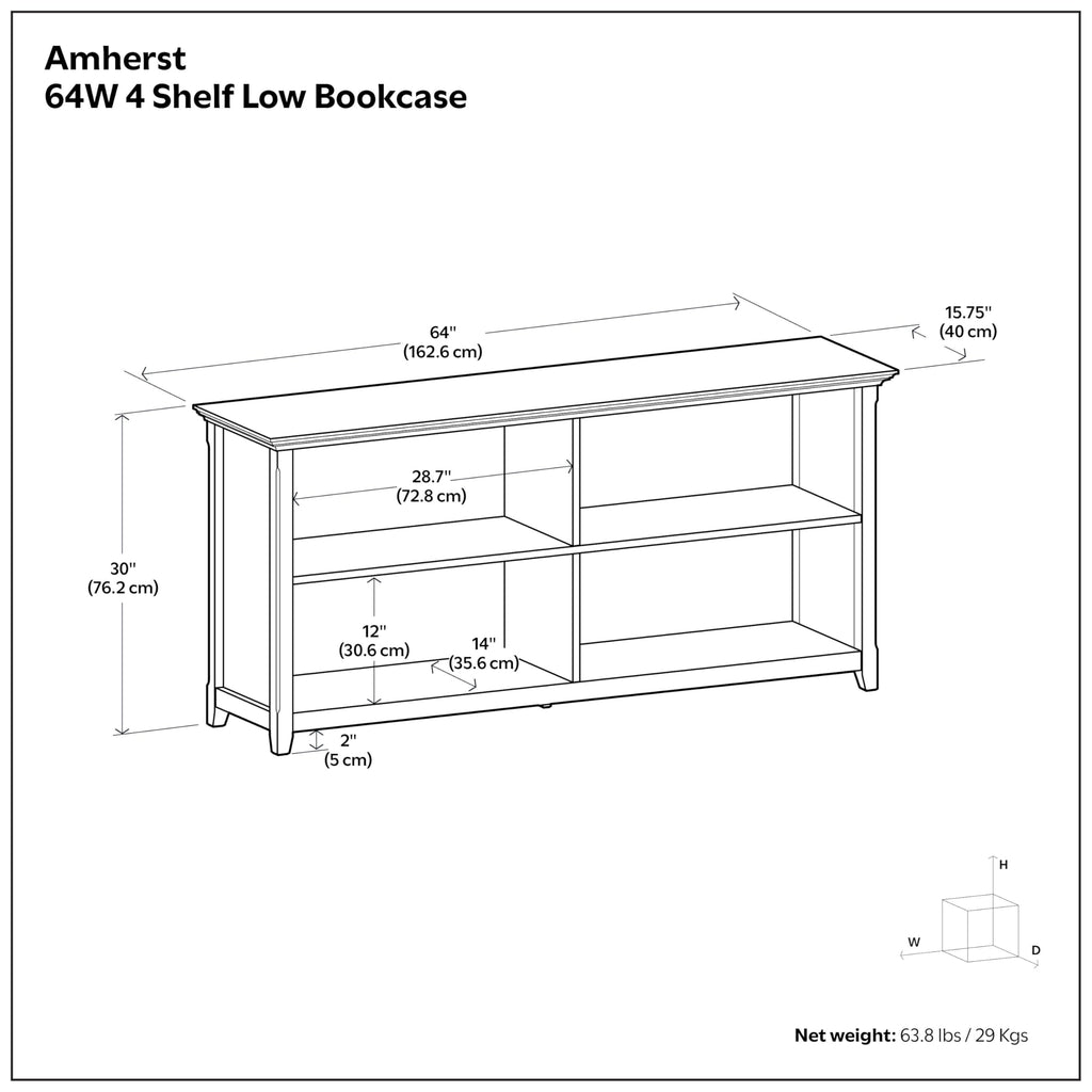 SIMPLIHOME Amherst Bookcase 30 in Tall 4-Shelf Solid Wood Low Bookshelf in Hickory Brown, Transitional Storage Console for Living Room, Entryway or Home Office with Adjustable Shelves & Tapered Legs