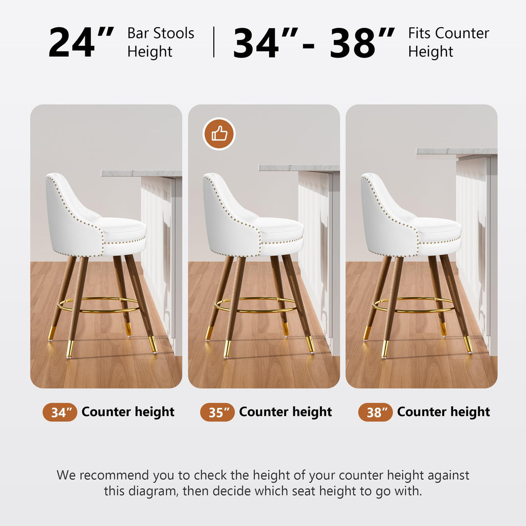 Sucrever Counter Height Bar Stools Set of 4, 24" Leather White Bar Stools with Backs, Swivel Counter Stools with Wooden Legs for Kitchen, Dining Room, Bar, Cream White