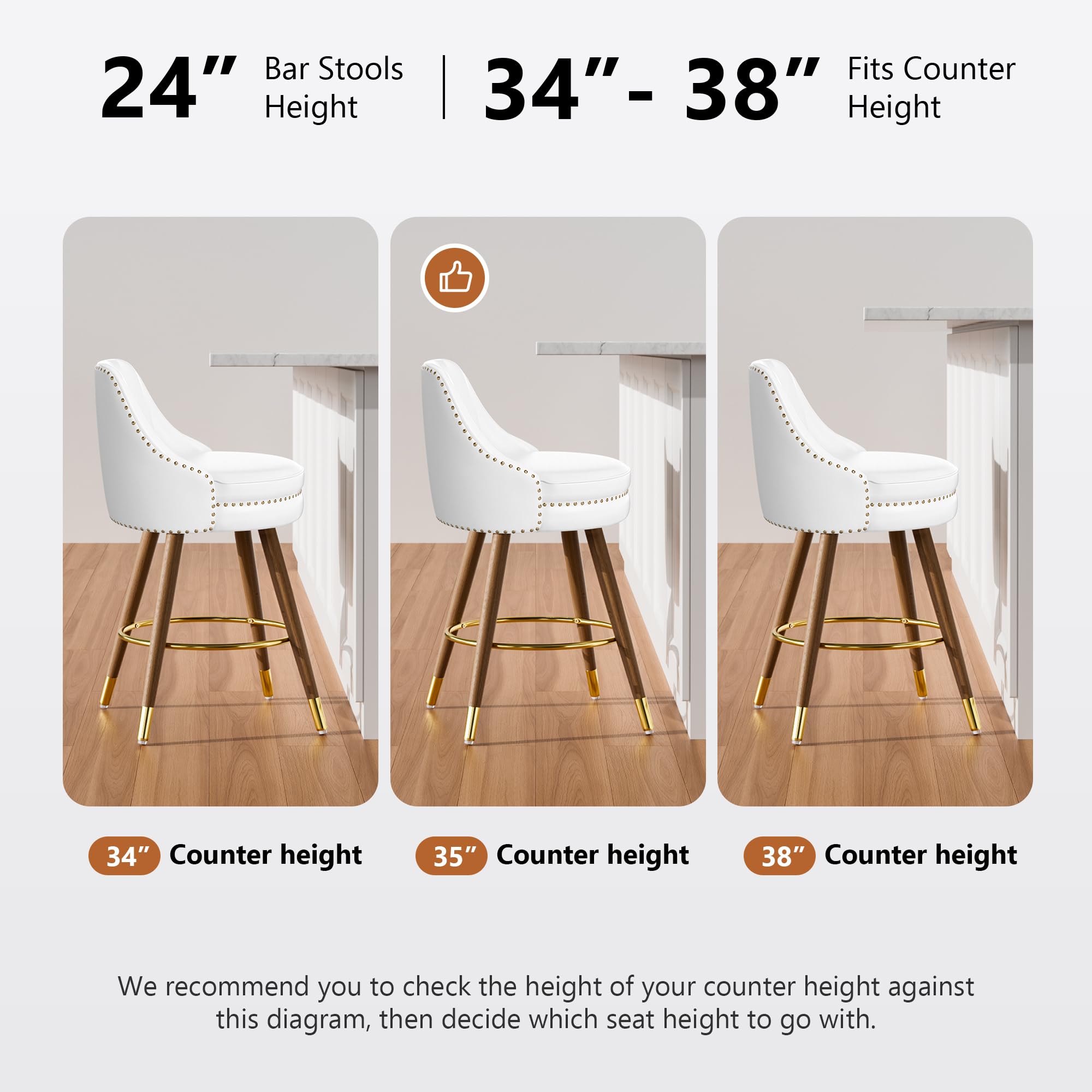 Sucrever Counter Height Bar Stools Set of 4, 24" Leather White Bar Stools with Backs, Swivel Counter Stools with Wooden Legs for Kitchen, Dining Room, Bar, Cream White