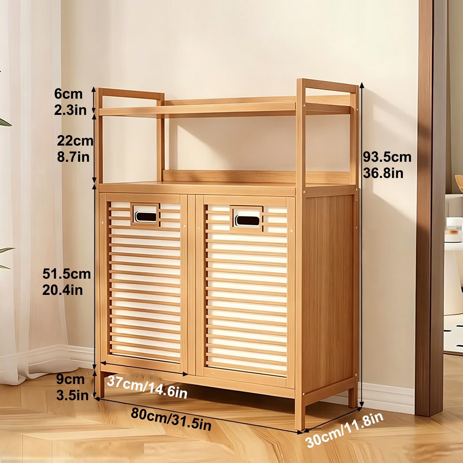 Tilt Out Bamboo Laundry Hamper Cabinet, 2 Removable 70L Bags, 2-Tier Shelves, 31.5"x11.8"x36.8" Freestanding Organizer for Bathroom Laundry Room & Bedroom