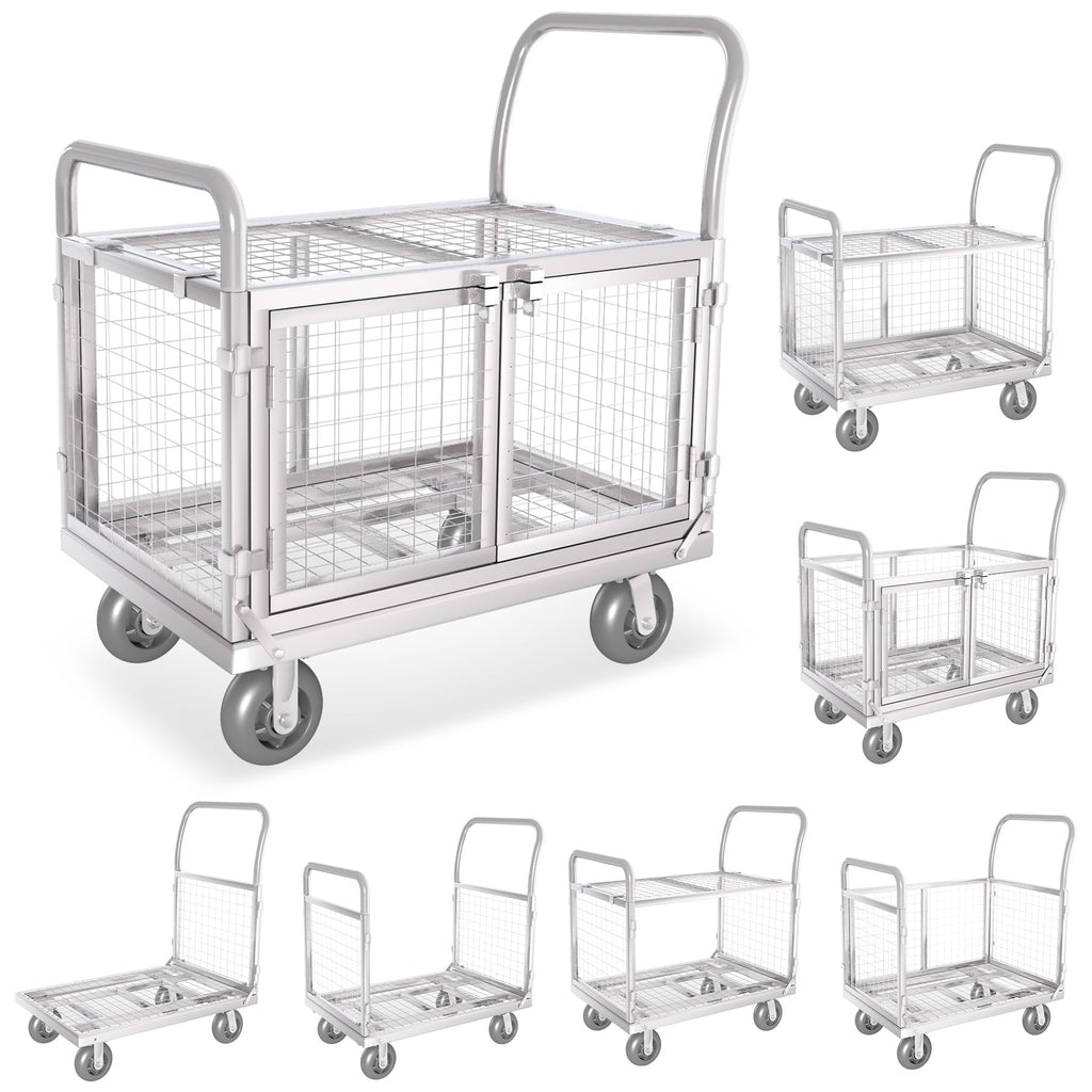 Platform Truck Cart with Cage 2-Door Design 7 in 1 Mutipurpose Handcart with 5" Wheel 39"x25" Large Uitility Cart, Mesh Plate w/Removalble Fence 6-Side, Load 2000lbs for Grocery/Laundry/Stall/Storage