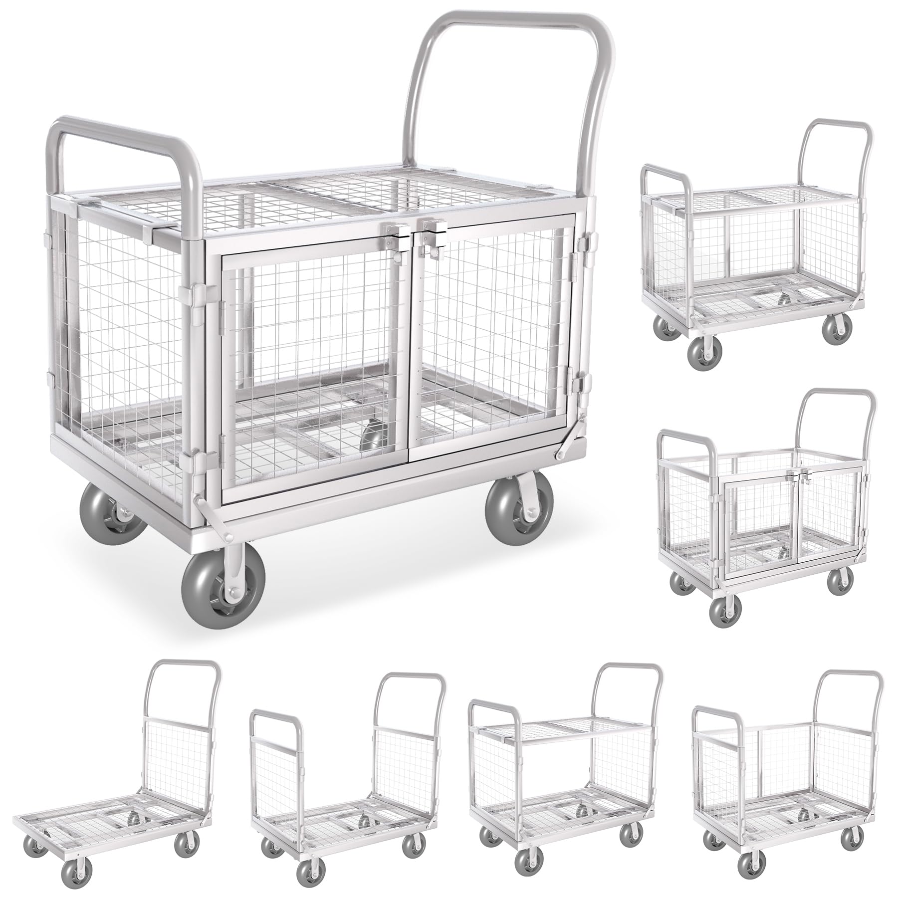 Platform Truck Cart with Cage 2-Door Design 7 in 1 Mutipurpose Handcart with 5" Wheel 39"x25" Large Uitility Cart, Mesh Plate w/Removalble Fence 6-Side, Load 2000lbs for Grocery/Laundry/Stall/Storage