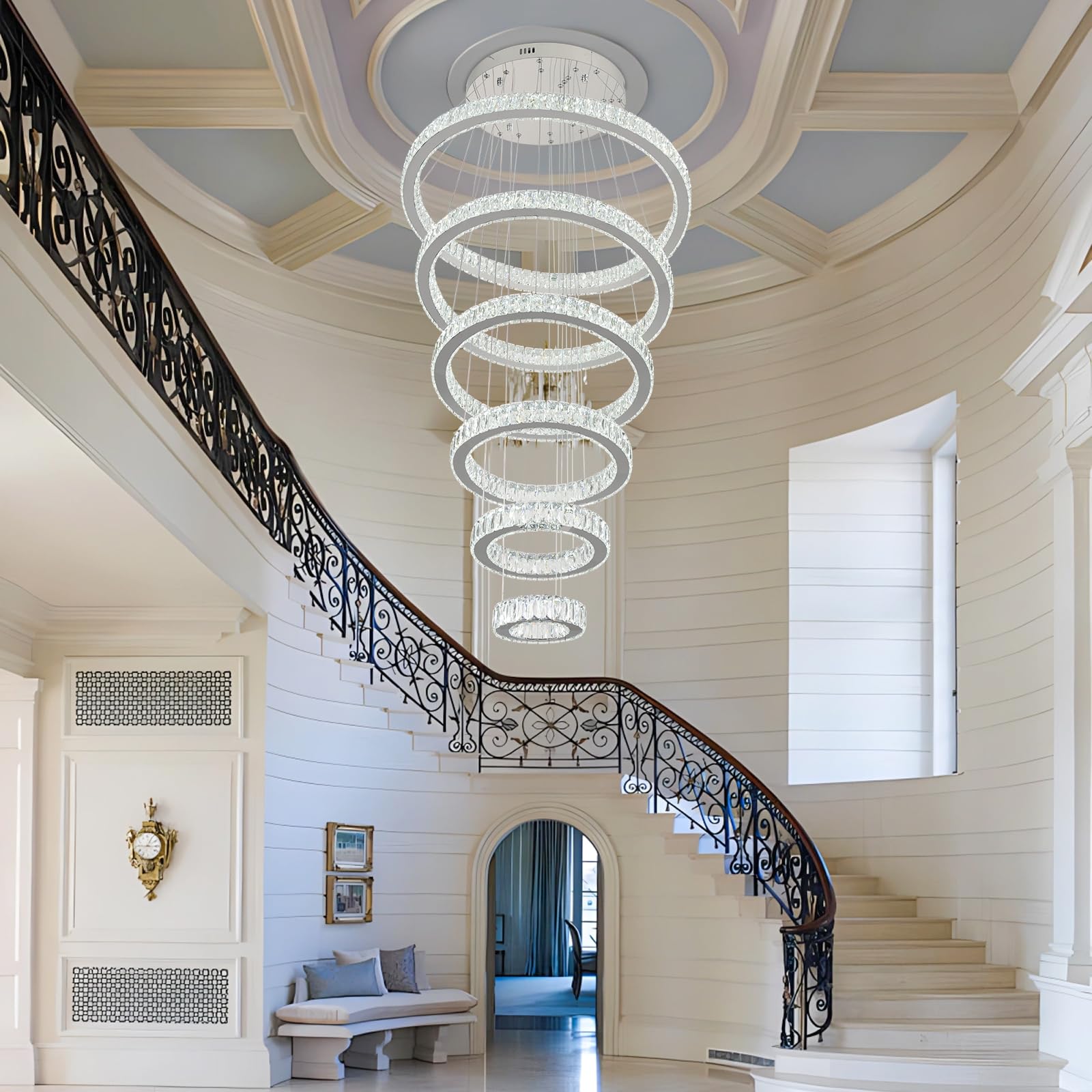Finktonglan 6-Ring Crystal LED Chandelier, Cool White 6000K Modern Pendant Light, Adjustable Height up to 118", K9 Stainless Rings (Ø7.9–27.6"), Non-Dimmable for Foyer Stair Living Room