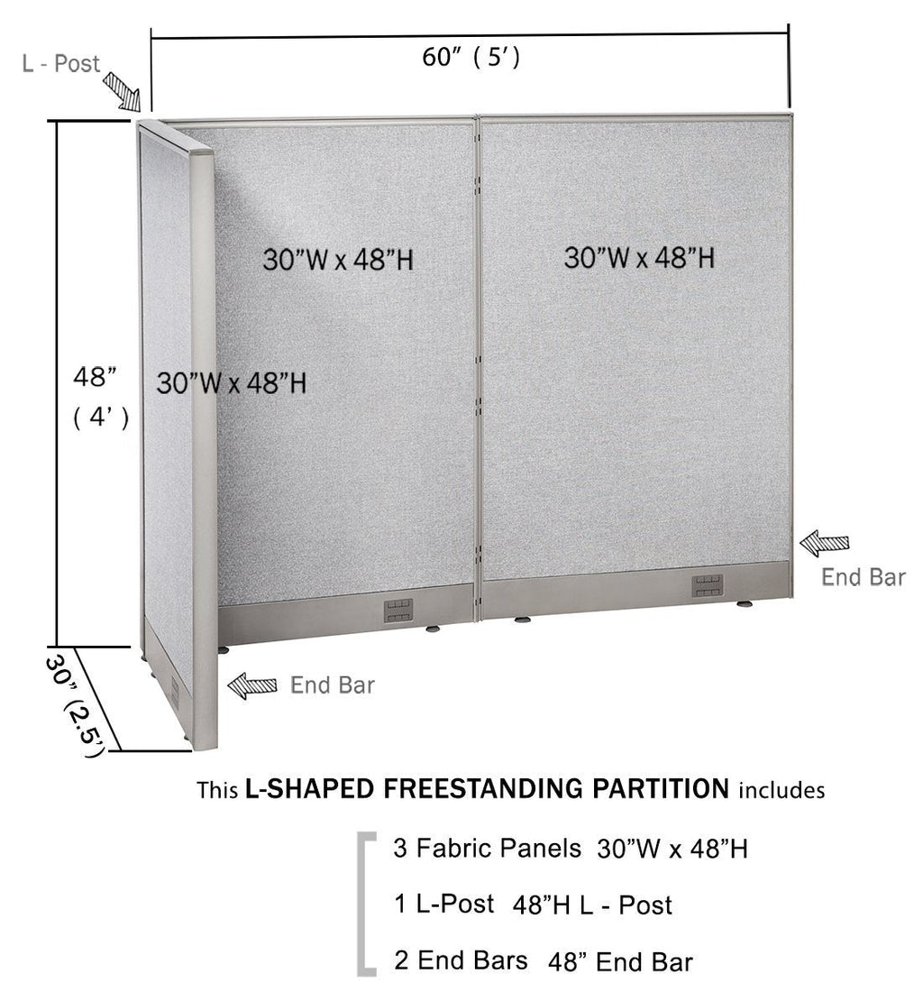 GOF Freestanding L Shaped Office Partition, Large Fabric Room Divider Panel, 30" D x 60" W x 48" H