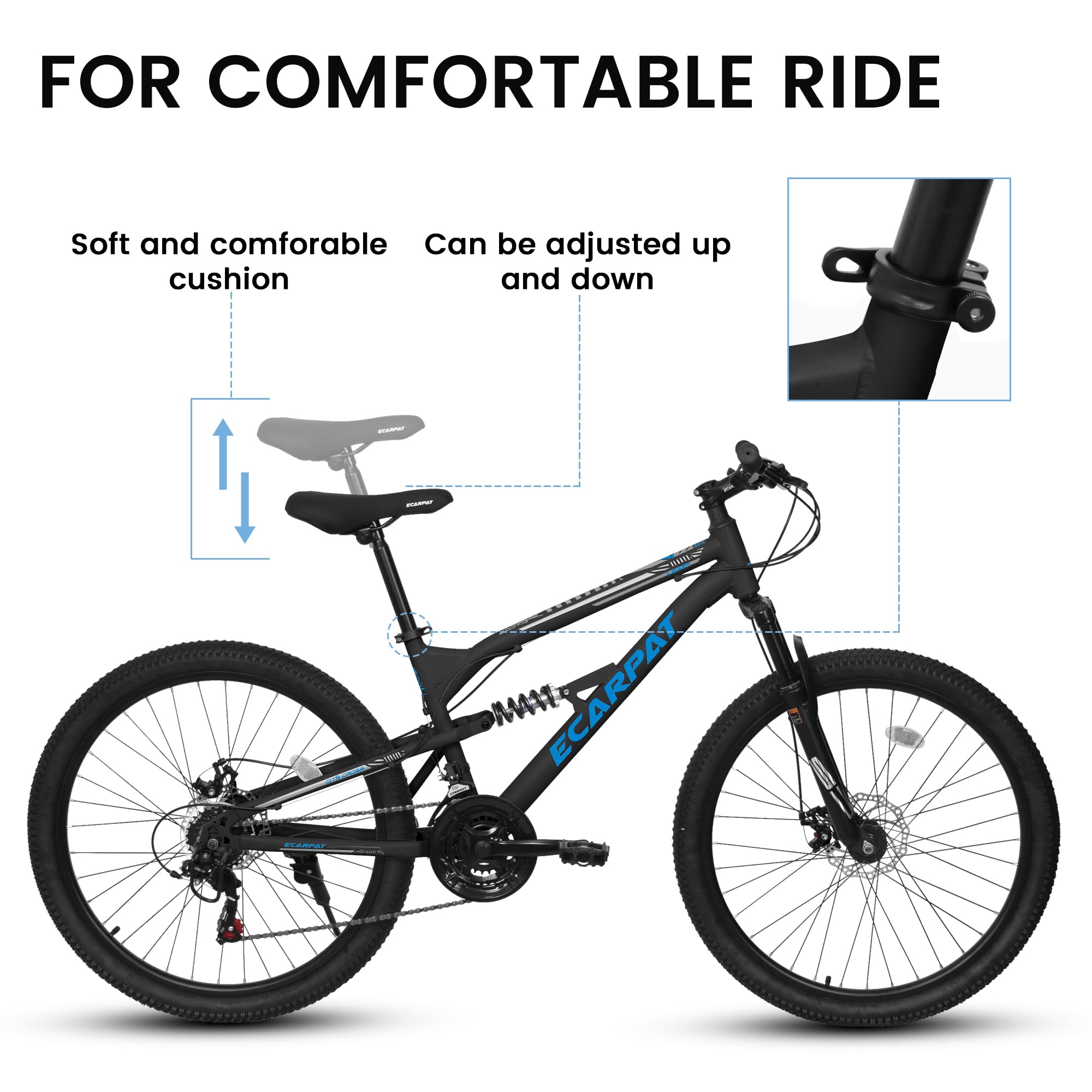 Rycheer 27.5 Inch Men Boys Mountain Bike Full Suspension, 21 Speeds Steel Mountain Bike, Disc Brakes, Adult Sport Bicycle for Trail Snow Commuter City Road