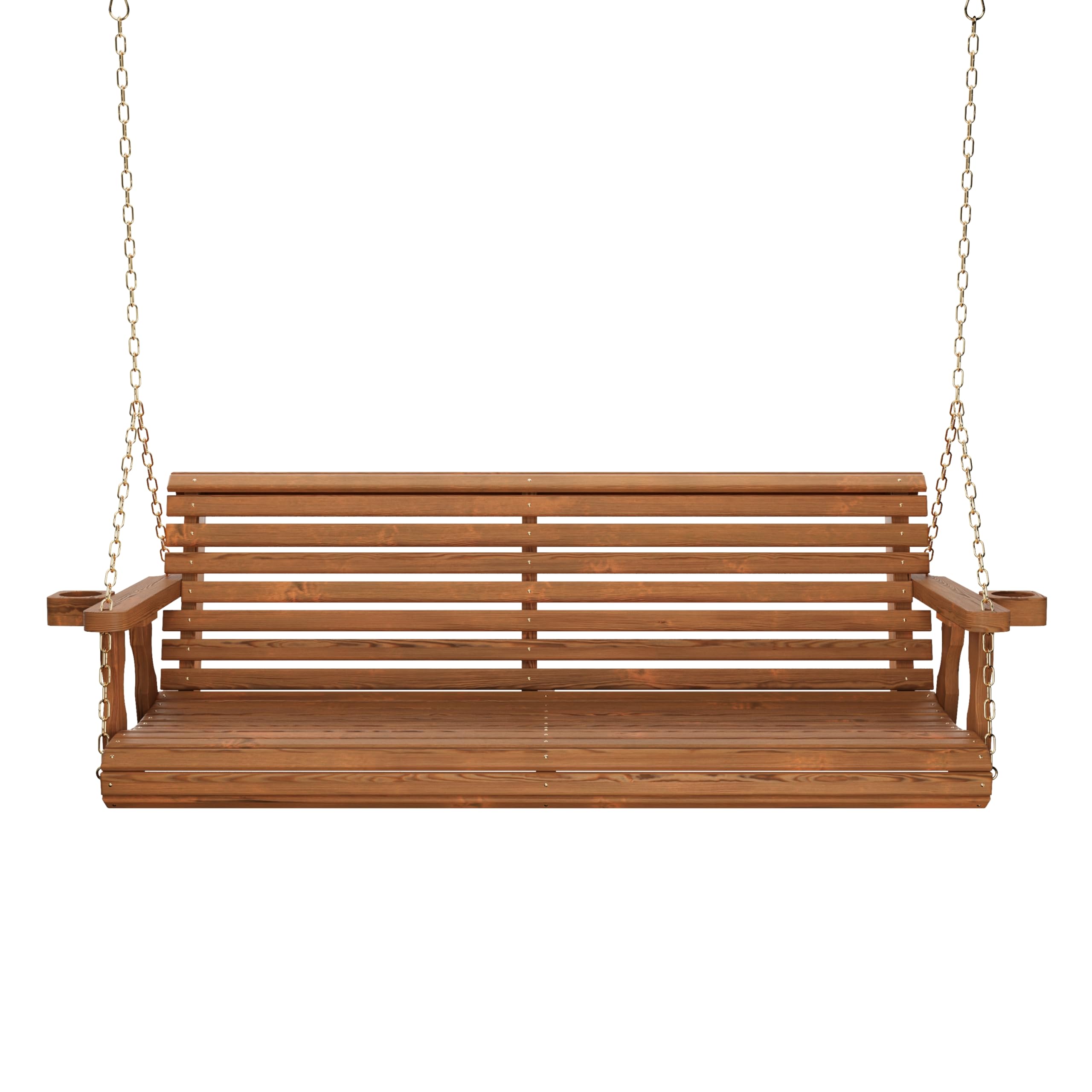 Amish Casual Heavy Duty 700 Lb Capacity Porch Swing with Cup Holders (4 Foot, Oak Stain) – Wooden Outdoor Roll Back Swing with Hanging Chains – Amish Made in the USA