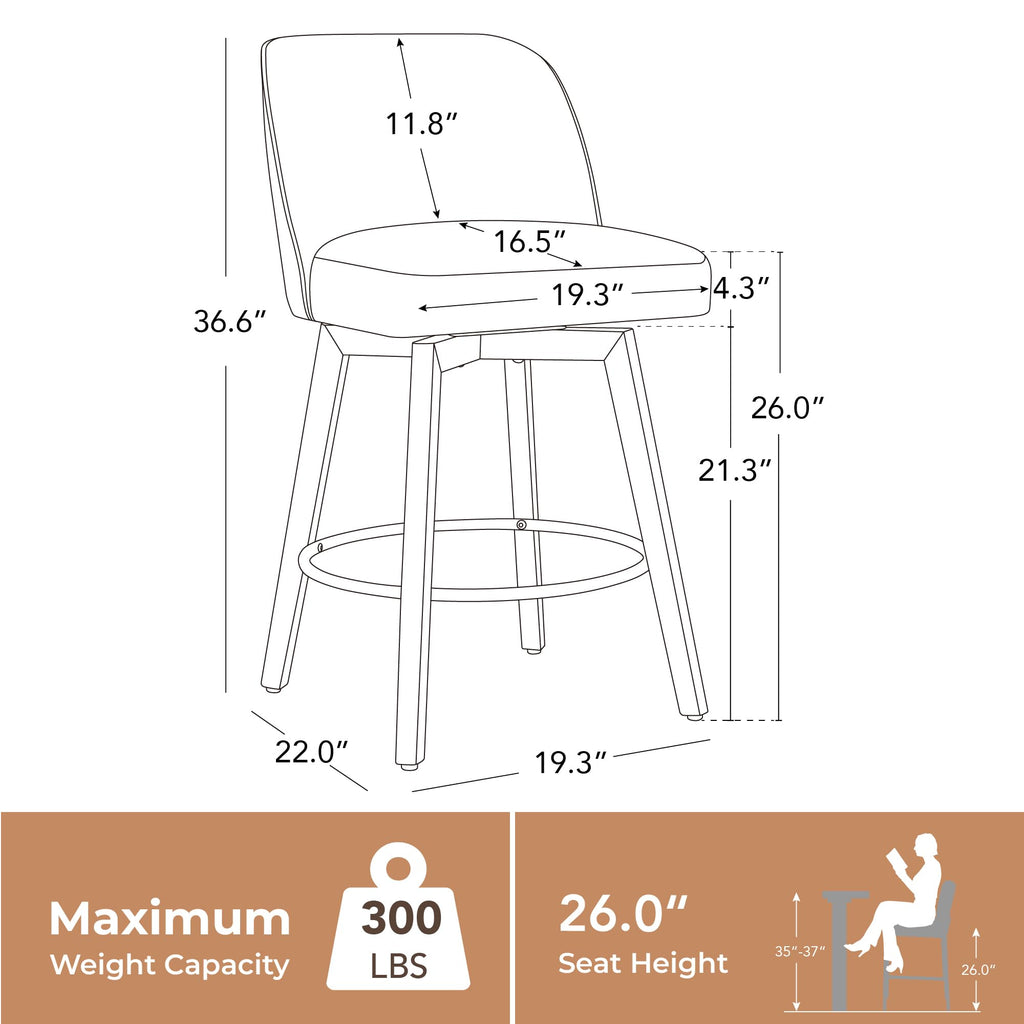 CHITA Modern Swivel Counter Height Bar Stools Set of 2, 26" Upholstered Counter Stools, Solid Wood Legs, Comfortable Cushioned Seat, Cream Fabric
