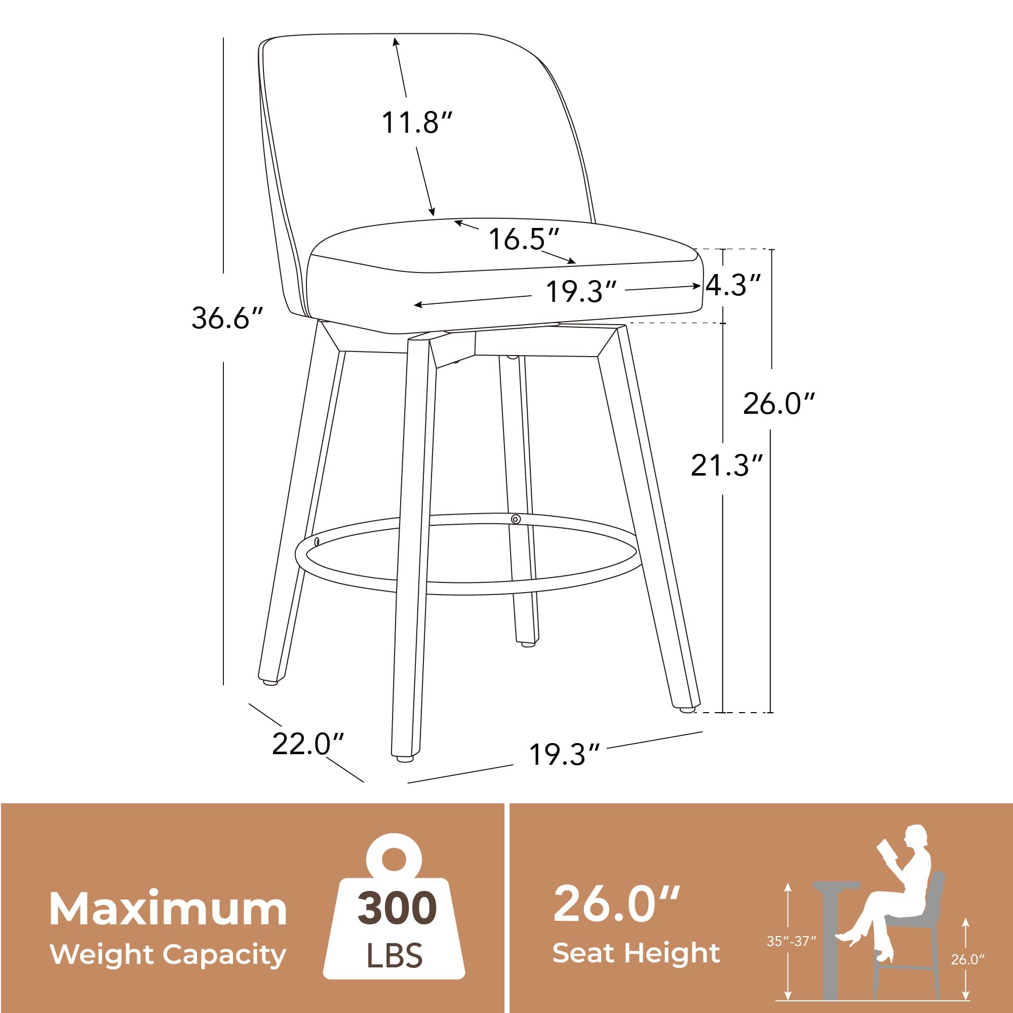 CHITA Modern Swivel Counter Height Bar Stools Set of 2, 26" Upholstered Counter Stools, Solid Wood Legs, Comfortable Cushioned Seat, Cream Fabric