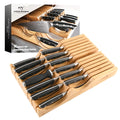 In-Drawer Knife Block with 12 Pieces Japanese Damascus Knives and Sharpener, Bamboo Knife Drawer Organizer with 67-Layer Damascus Steel, Slots for 13 Knives Kitchen Drawer, Counter Top