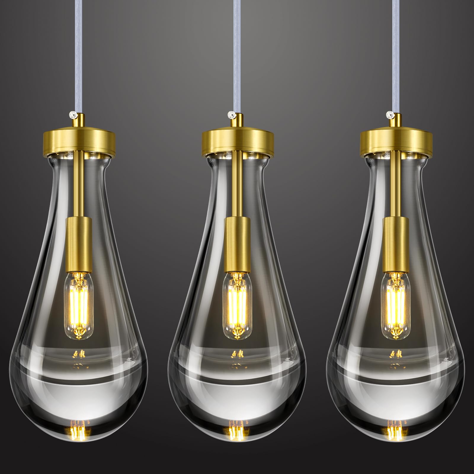 LIANGMH Raindrop Pendant Lights Kitchen Island Set of 3 Teardrop Gold Hanging Light Fixtures Clear Solid Glass Pendant Light Modern Chandeliers for Dining Room Porch Corridor Living Room…