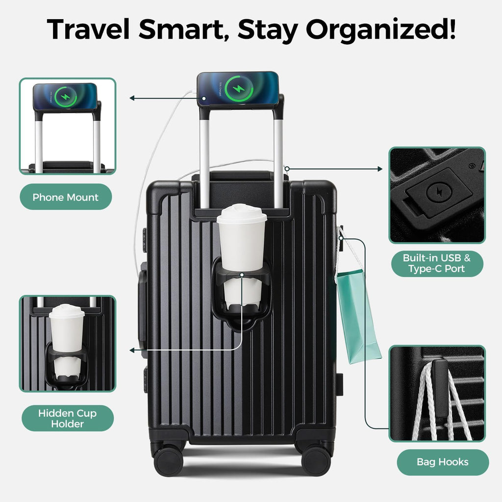 cllson Carry on Luggage Aluminium Frame with Cup Holder,Top opening Suitcases and USB Charging Port,Lightweight with Front Pocket Rolling Suitcases with Spinner Wheels (Beige, 20inch)