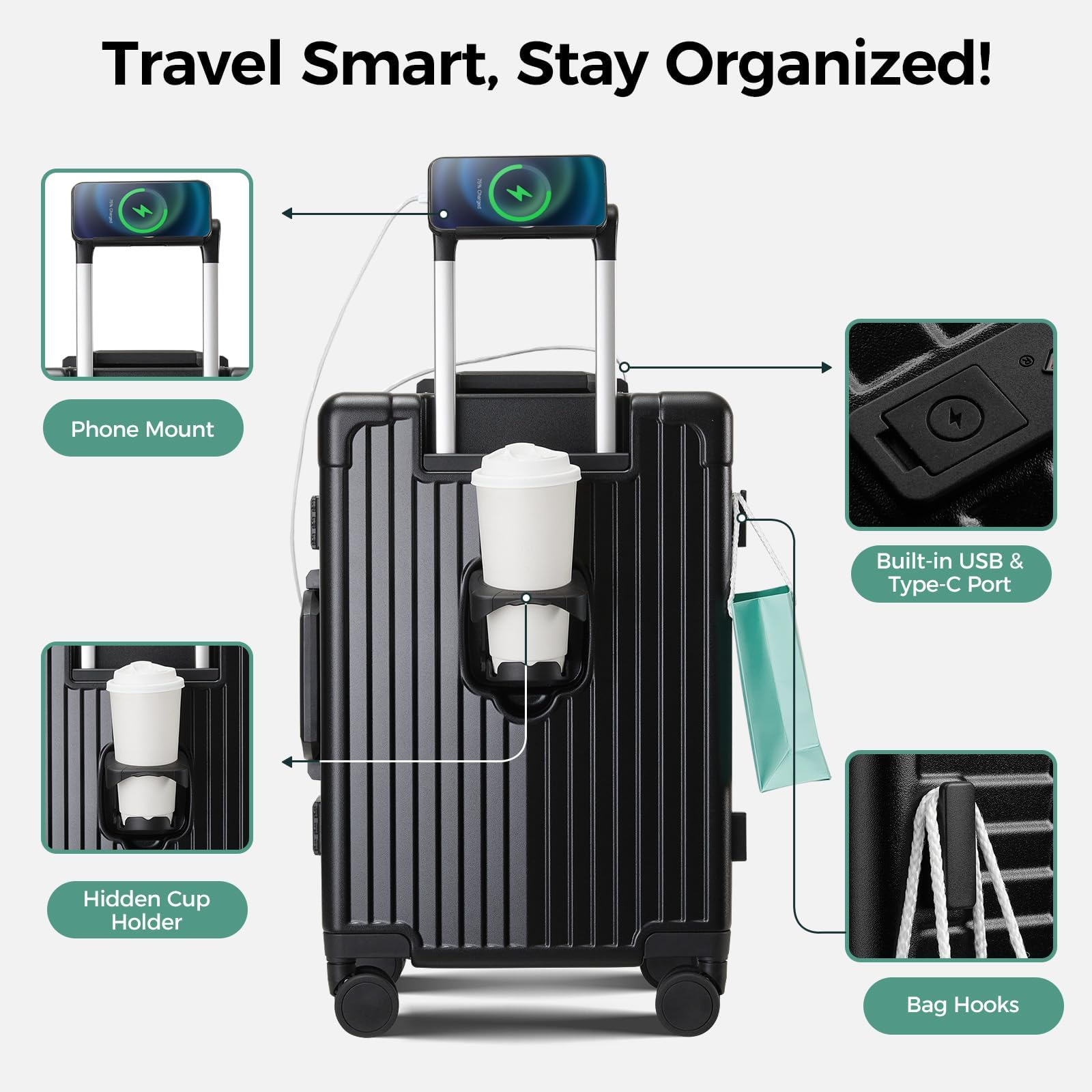 cllson Carry on Luggage Aluminium Frame with Cup Holder,Top opening Suitcases and USB Charging Port,Lightweight with Front Pocket Rolling Suitcases with Spinner Wheels (Beige, 20inch)
