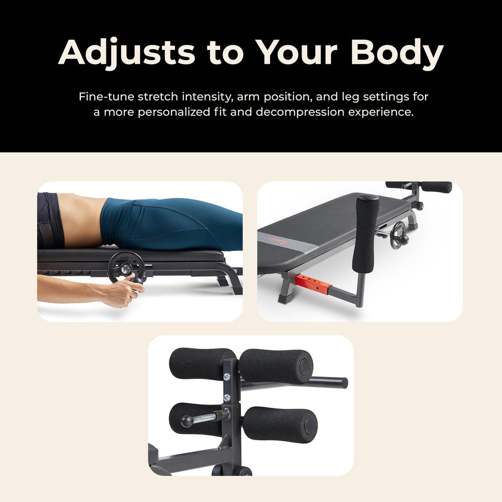 Sunny Health & Fitness No-Hang Inversion Decompression Table for Back Pain Relief, Adjustable Stretch Table, 400 LB Capacity