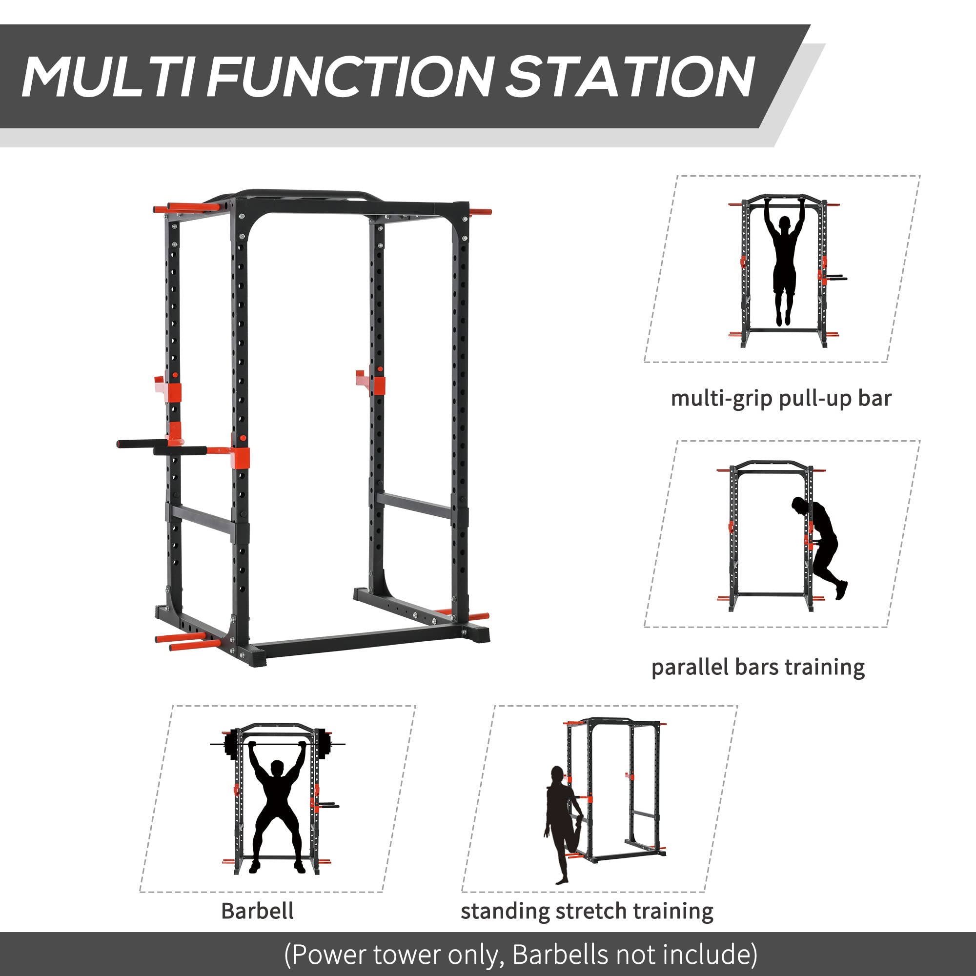 Soozier Adjustable Power Tower Dip Station Pull Up Bar Squat Rack Power Cage At Home Workout Equipment, Upper Body Strength Training Equipment, Black