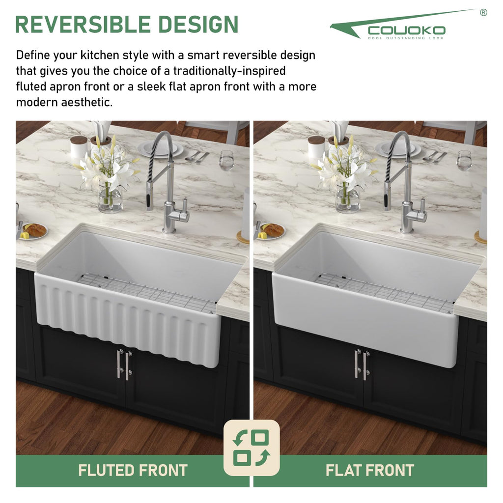 Couoko White Farmhouse Sink 33 Inch Fireclay Reversible Apron Front Farm Sink 33"x18"x10" Glossy White Porcelain Farms House Style Single Bowl Farmhoues kitchen Sinks with Luxury Accessories