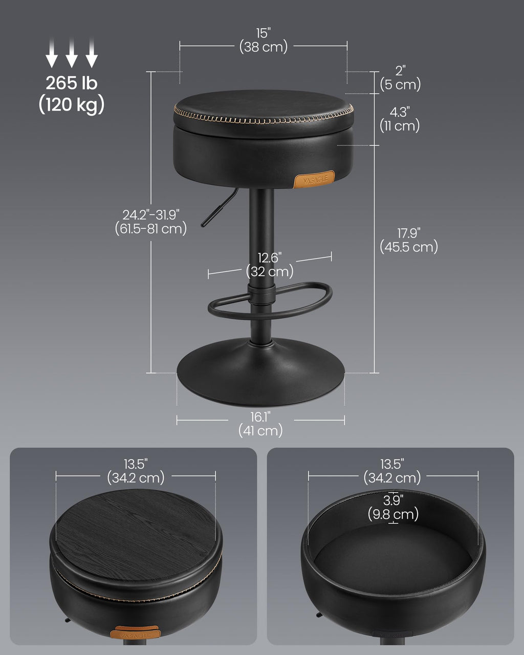 VASAGLE EKHO Collection - 360° Swivel Bar Stools Set of 4, Height Adjustable Barstools with Storage, Synthetic Leather with Stitching, Mid-Century Modern, Kitchen Bar, Easy Assembly, Ink Black