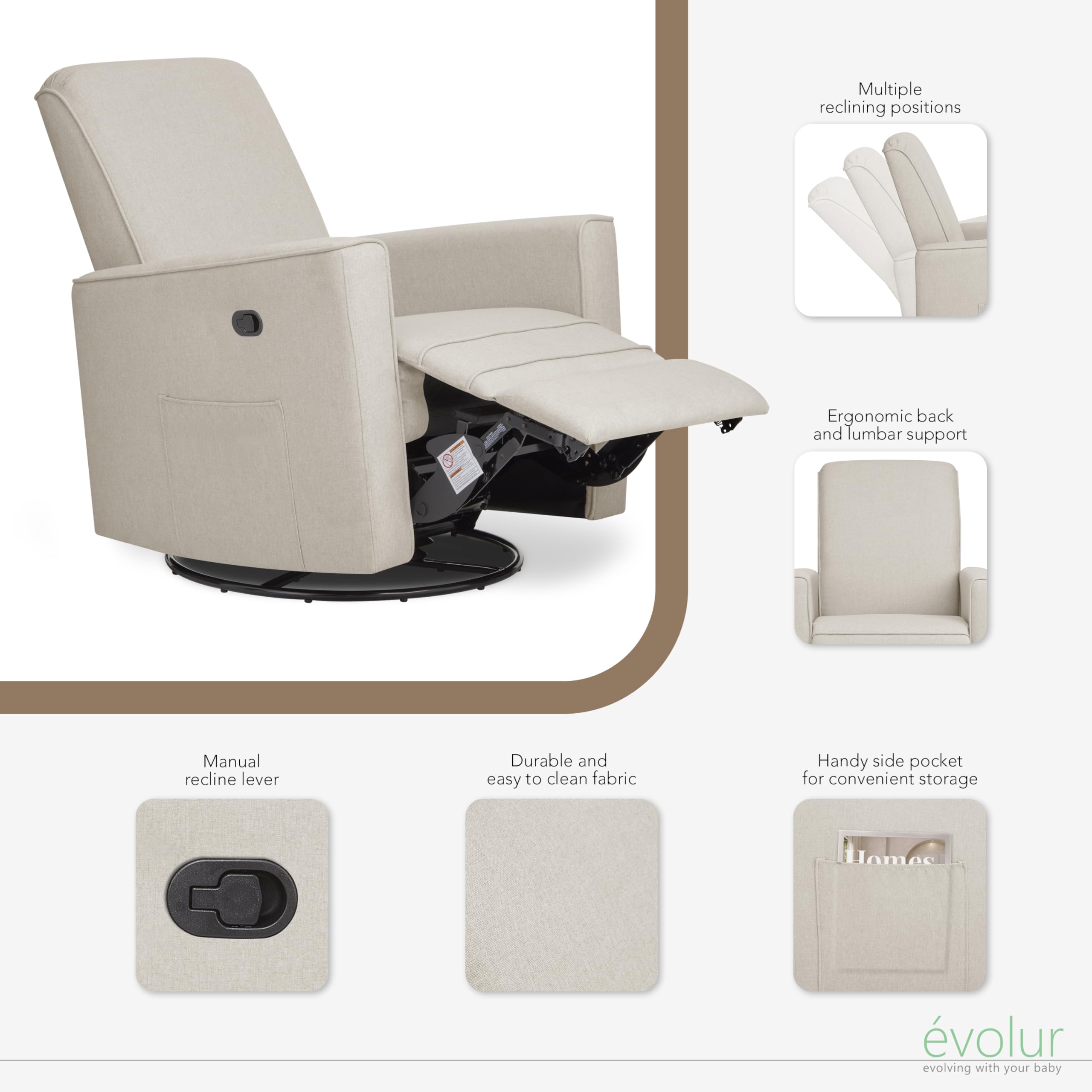 Evolur Raleigh Upholstered Manual Glider Recliner– Rocking & 360° Swivel with Smooth Glide – Greenguard Gold & FSC Certified – Modern Nursery and Living Room Chair in Light Sand