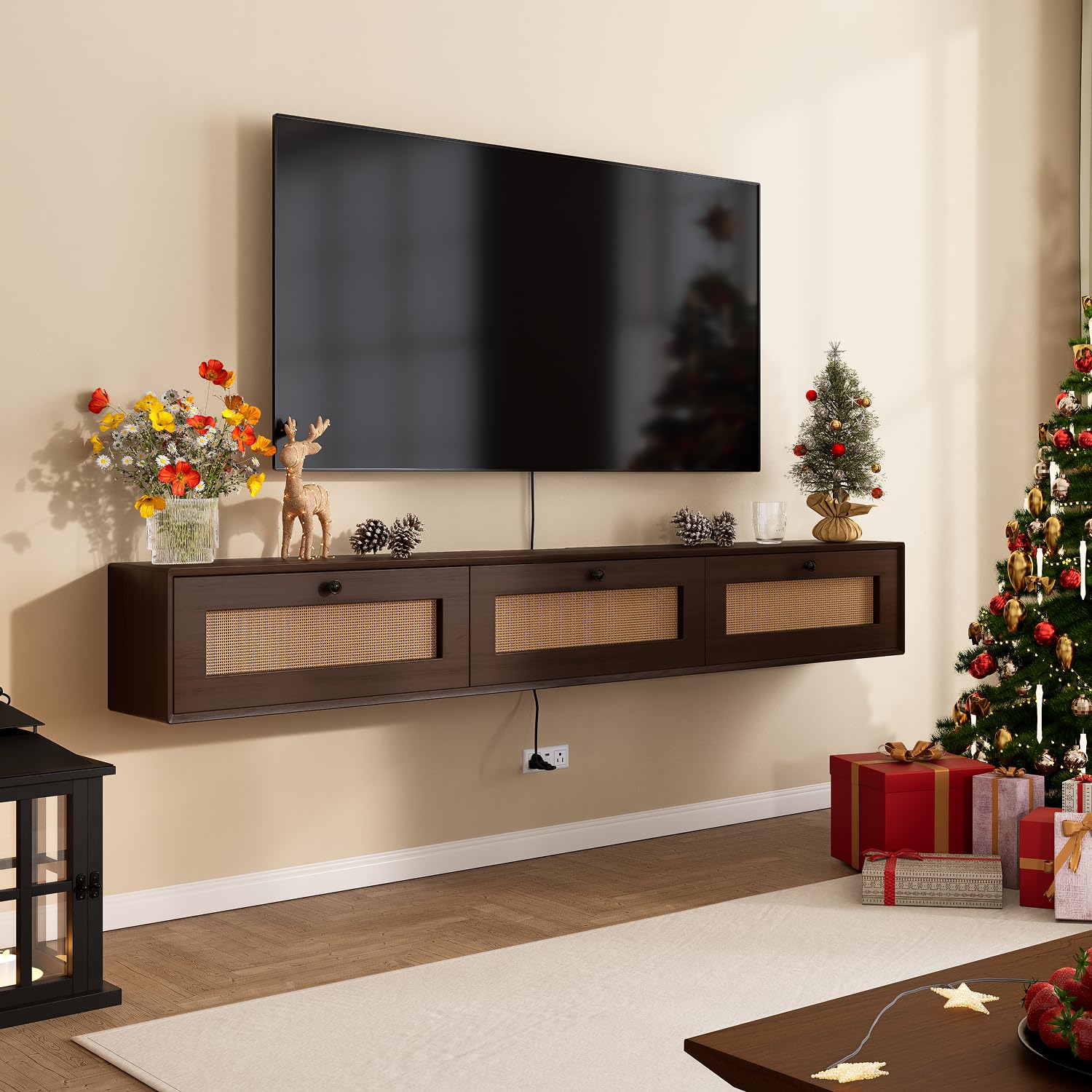 FurniNova 78'' Floating TV Stand with Rattan Doors, Wall Mount TV Console Cabinet, Fully Assembled Floating Entertainment Center, Matte Finish, Plywood Media Cabinet for Living Room