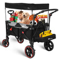 Collapsible Canopy Wagon, Foldable Wagon Stroller with 330LBS, Heavy Duty Cart with Shock-Absorbing Wheels, Adjustable Push Pulling Handles for Camping, Garden, Sports, Shopping, Black