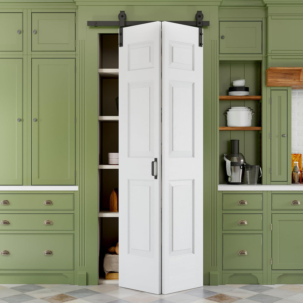 36" x 84" Paintable Bifold Barn Door, No Assembly Required, 6 Panels Bi Fold Barn Door with Hardware Kit Included, 40" Track Kit for 2 Doors, Pre-Drilled Holes