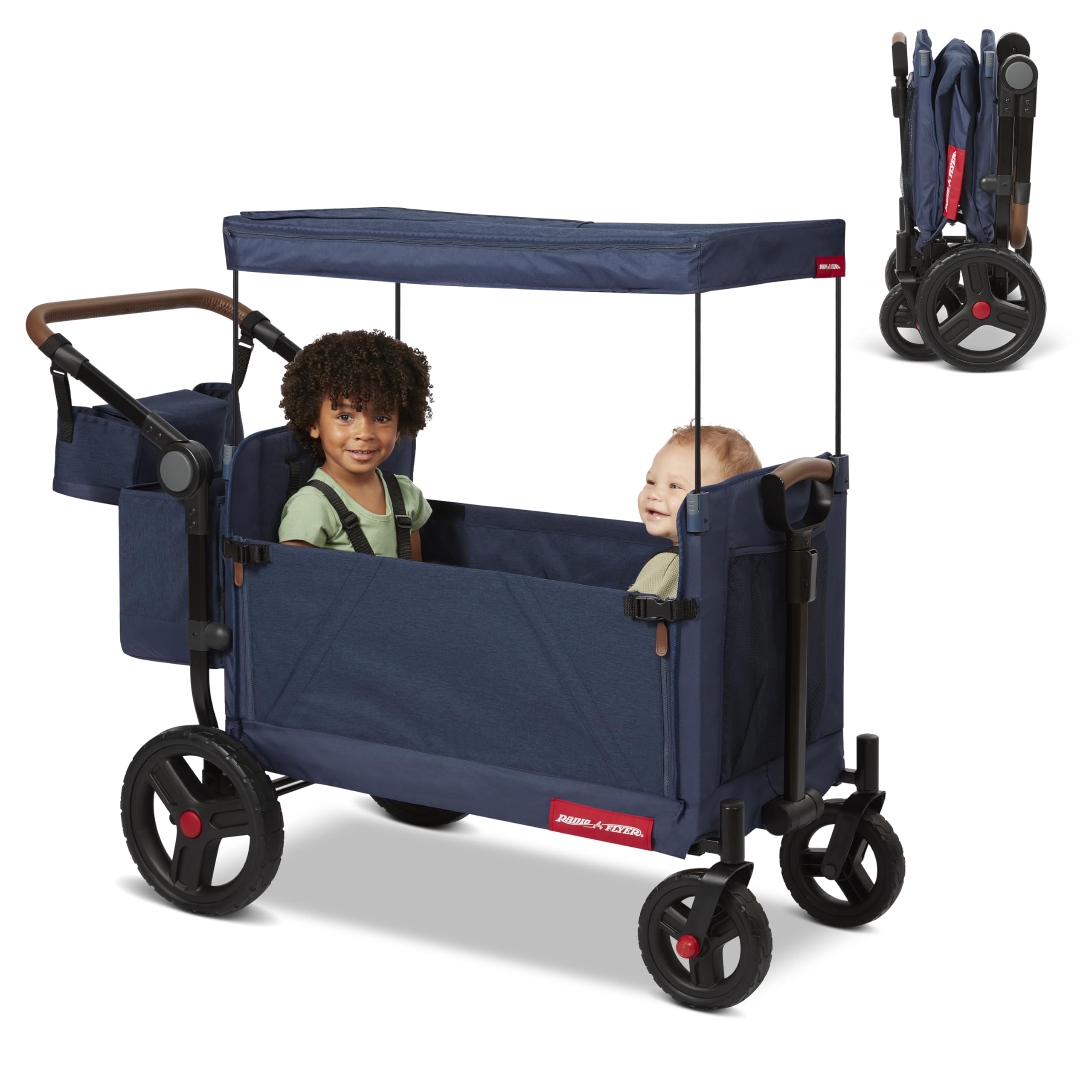 Radio Flyer Atlas Stroll 'N Wagon, Navy Blue, For Ages 1+, 3-in-1 Push or Pull Versatility, One-Hand Fold, UV Canopy, 5-Point Harnesses, Storage Capabilities, Rubber Wheels, Stroller Wagon for Kids