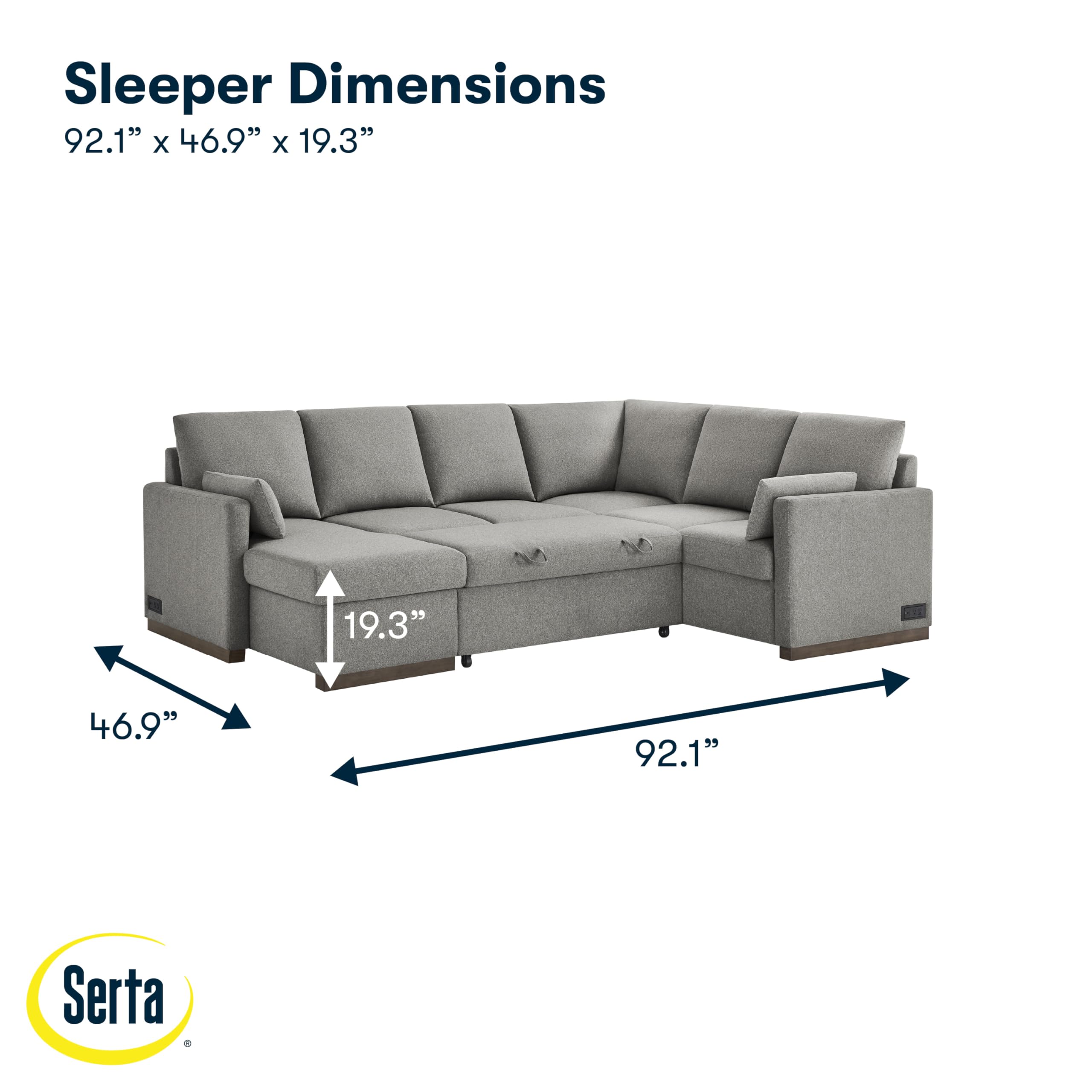 Serta® Emmett 110.2" Convertible Sleeper Sectional, Queen Size, Dreamcoil® Comfort, Reversible Storage Chaise, USB-C and USB-A Power Ports, Woven Fabric, Light Grey