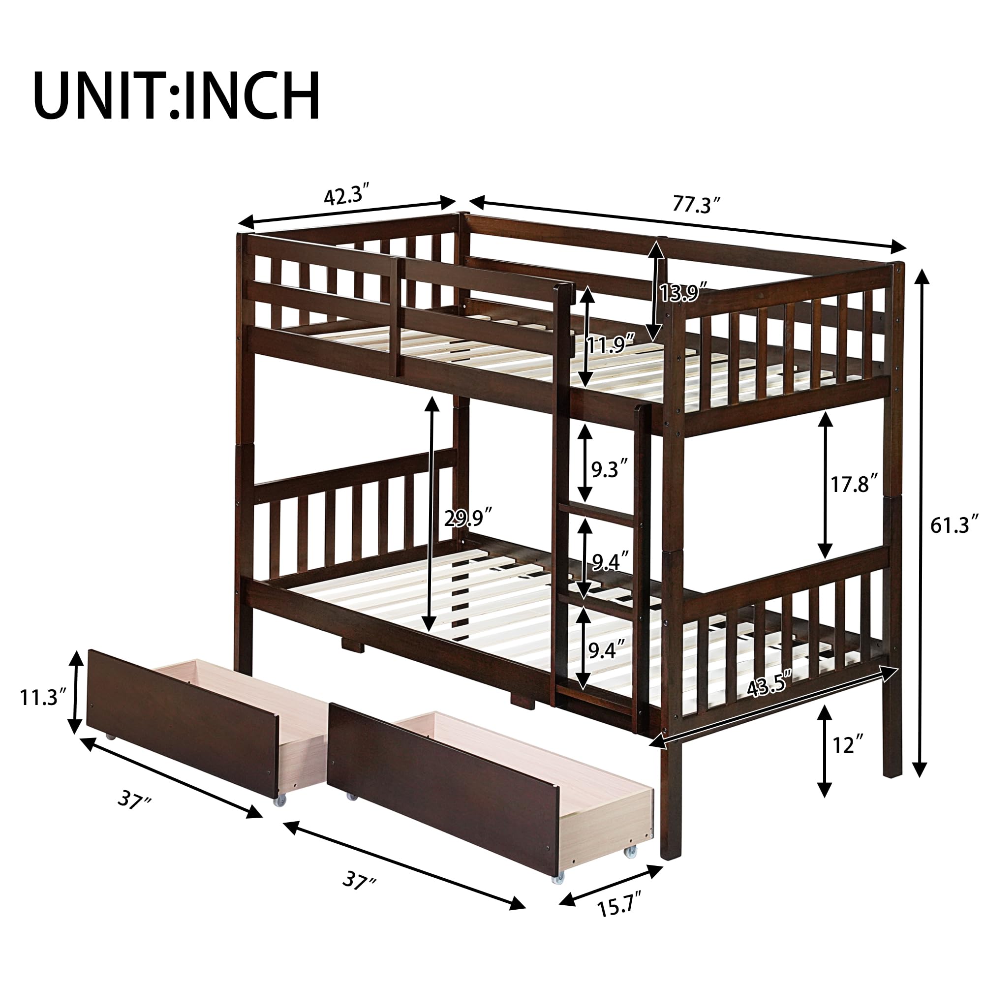 MERITLINE Wood Bunk Bed with Drawers, Convertible Bunk Bed with Ladders and Two Storage Drawers, Solid Wood Detachable Bedframe with Guardrails, Twin Over Twin, Espresso