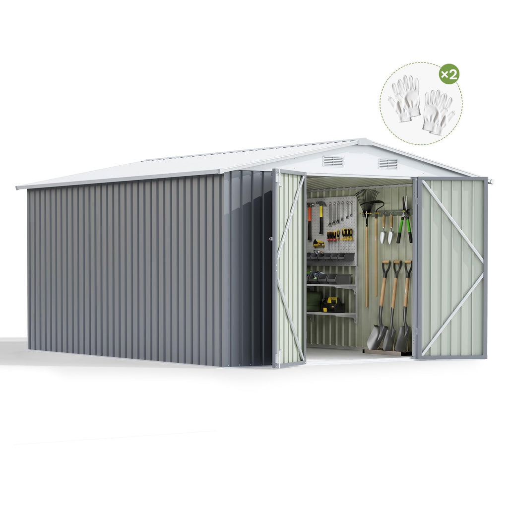 Greesum 10x12 FT Outdoor Storage Shed, Weather-Resistant Metal Tool Shed with Lockable Doors & Ventilation for Patio, Backyard, Poolside (Gray)