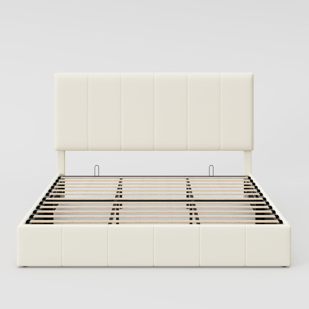 Allewie King Size Velvet Lift Up Storage Bed Frame, Vertical Channel Tufted Headboard, Hydrualic Underneath Storage, Upholstered Platform Bed, Wooden Slats Support, No Box Spring Needed, Cream