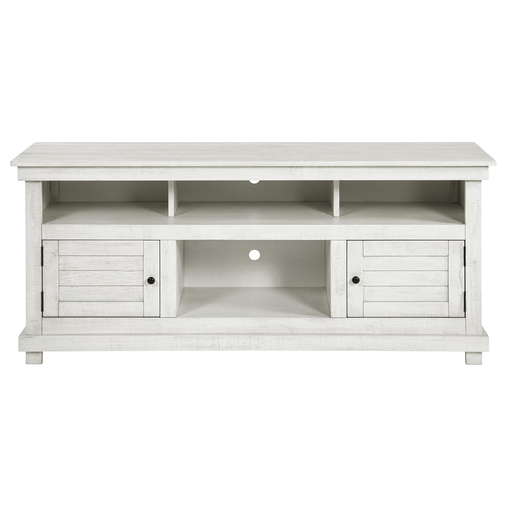 Coaster Home Furnishings - Payne - Wood - TV Stand with Two Door Cabinets, Shelves, Roughhewn Details and Farmhouse Style - Living Room - 60-Inch - Distressed White - 710052