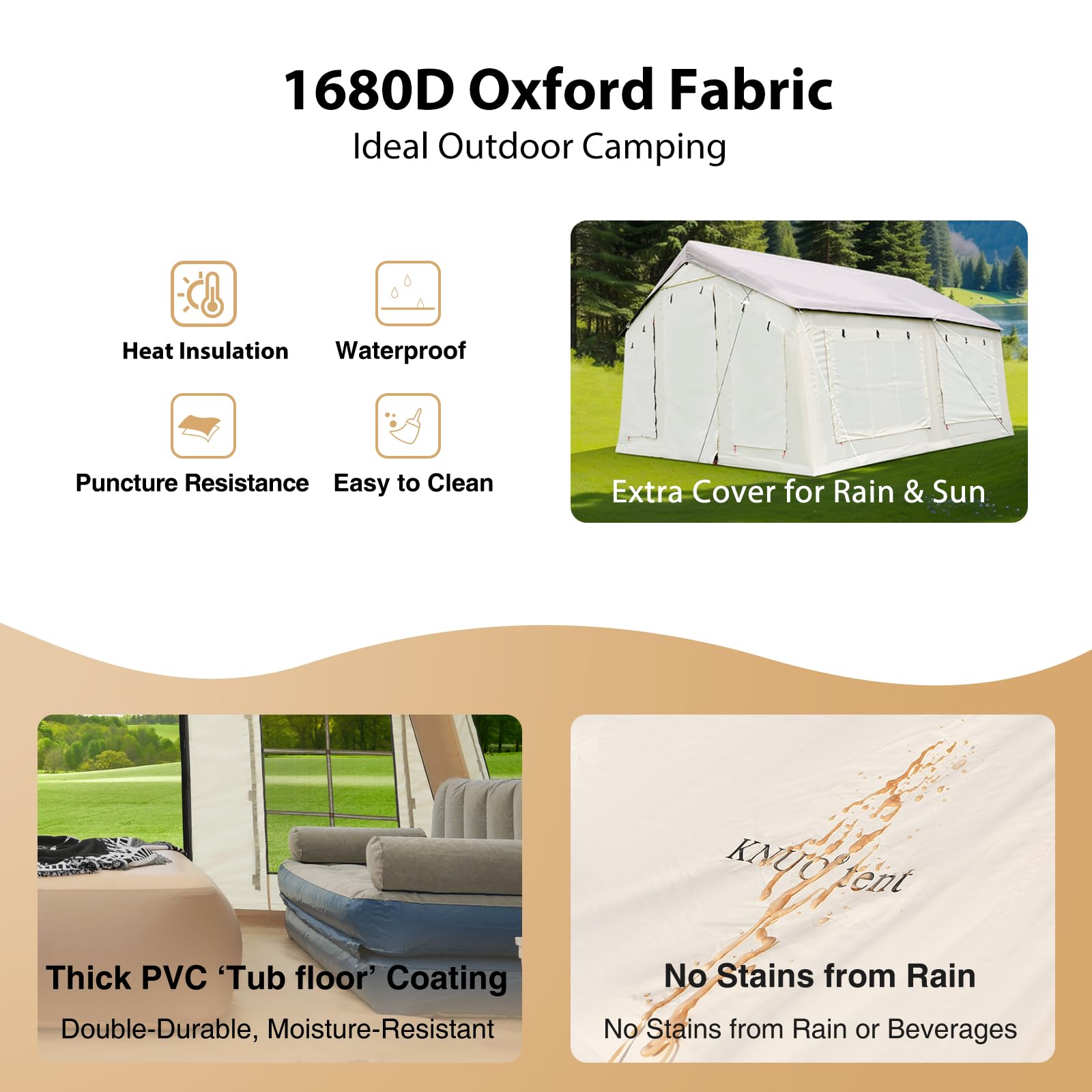 KNUO 2026 Upgraded Waterproof Inflatable Camping Tent for Winter with Rain Cover for 4~6 People, Large Blow-Up Air Tent, No Assembly Needed Luxury Glamping House, 12x12ft Oxford Fabric, Beige