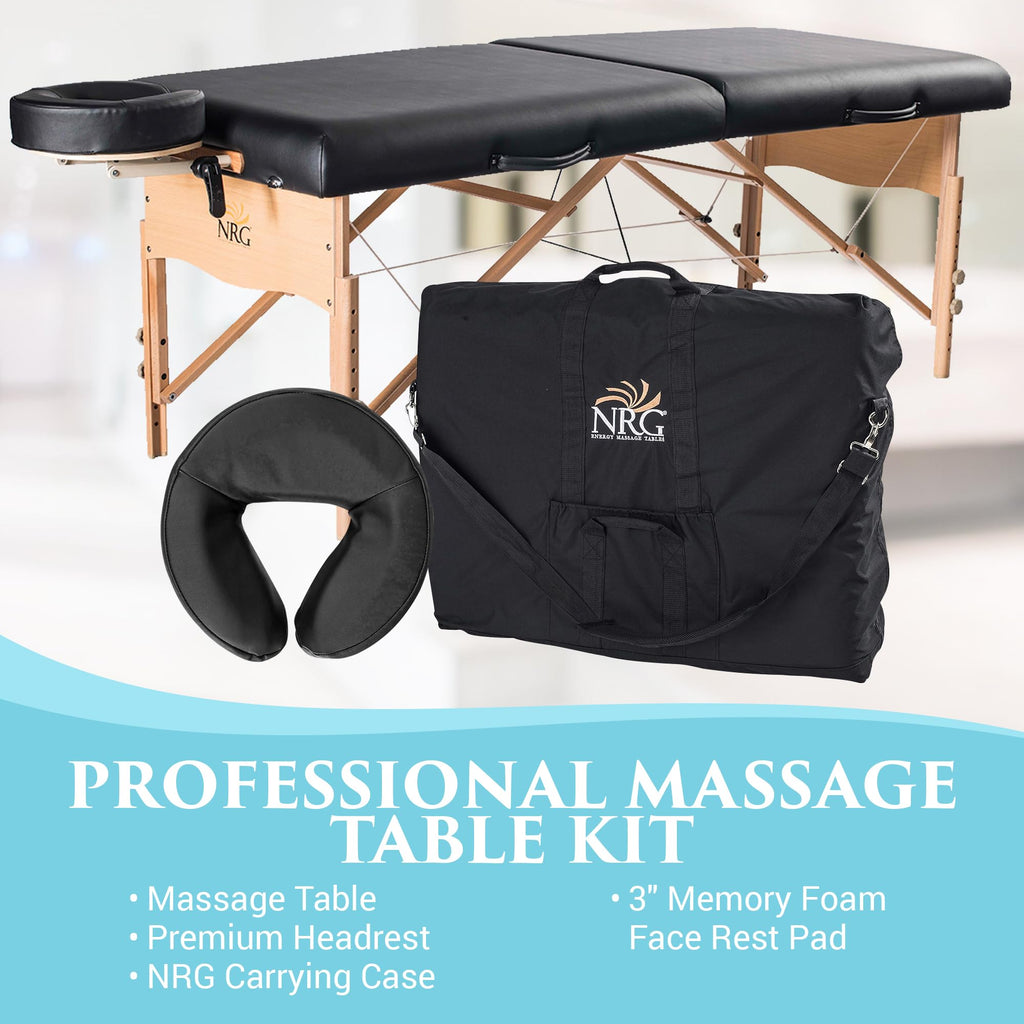 Chi Massage Portable Table Package by NRG - Lightweight, Folding Massage Therapy Table - Ultra Comfortable - Made of Durable White Oak - Premium Headrest with Cushion, Carry Case - Color Black