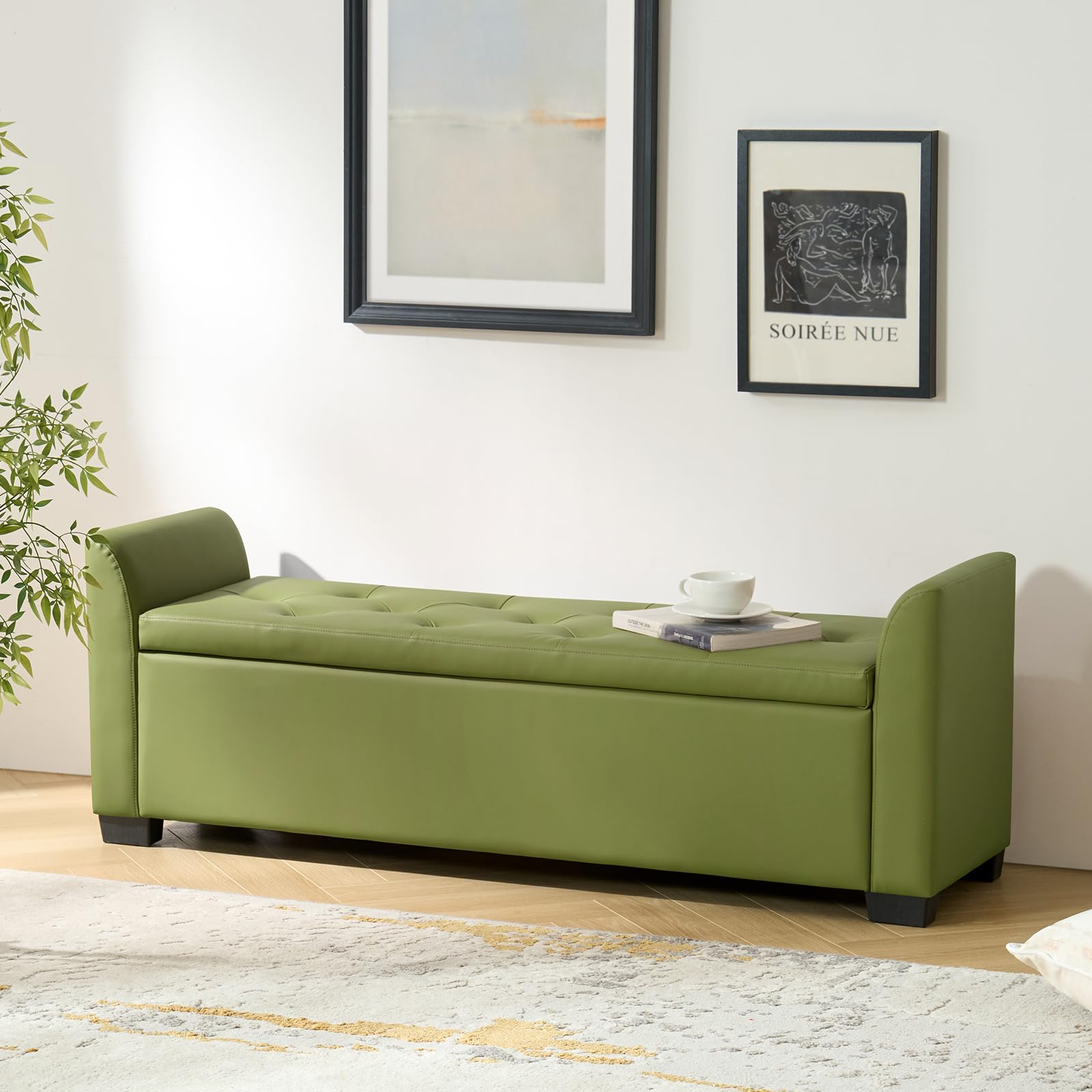 The support you need 58" Faux Leather End of Bed Storage Bench with Flared Arms & Tufted Seating, Large Elegant Transitional Upholstered Bedroom Benches, Flip Top Entryway Ottoman Footrest, Moss