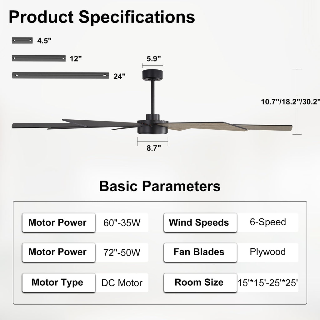 WINGBO 60" Black Ceiling Fan without Light, Modern Large Ceiling Fan with Remote Control, 6-Speed Reversible Noiseless DC Motor, Black/Driftwood Blades for Living Room, Bedroom & Covered Outdoor